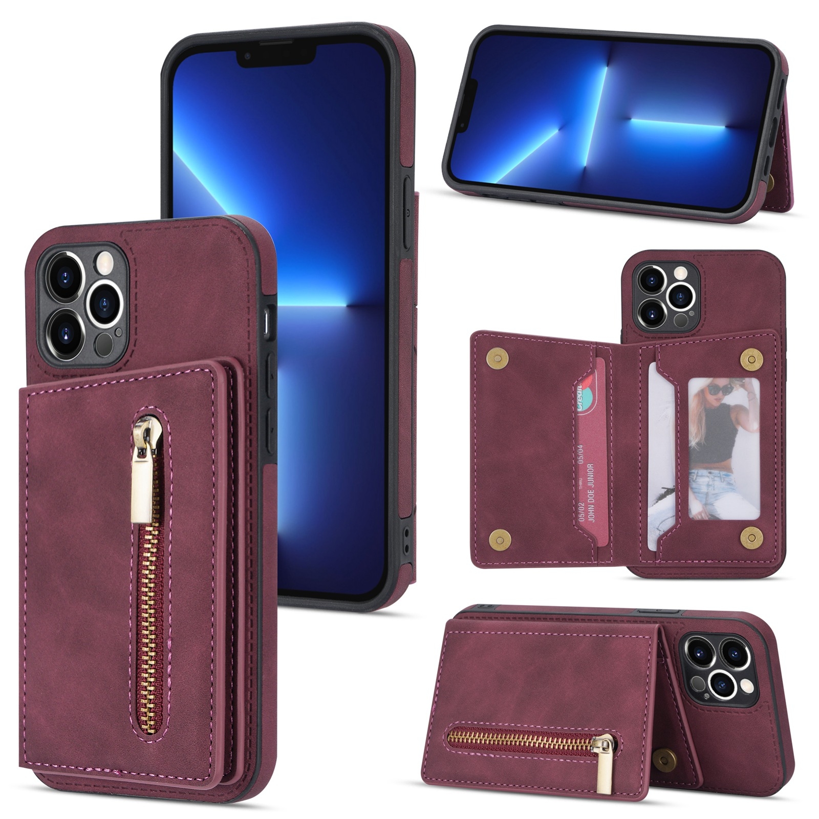 For iPhone 12 Pro Zipper Card Holder Phone Case(Wine Red) - Shopkiz.com