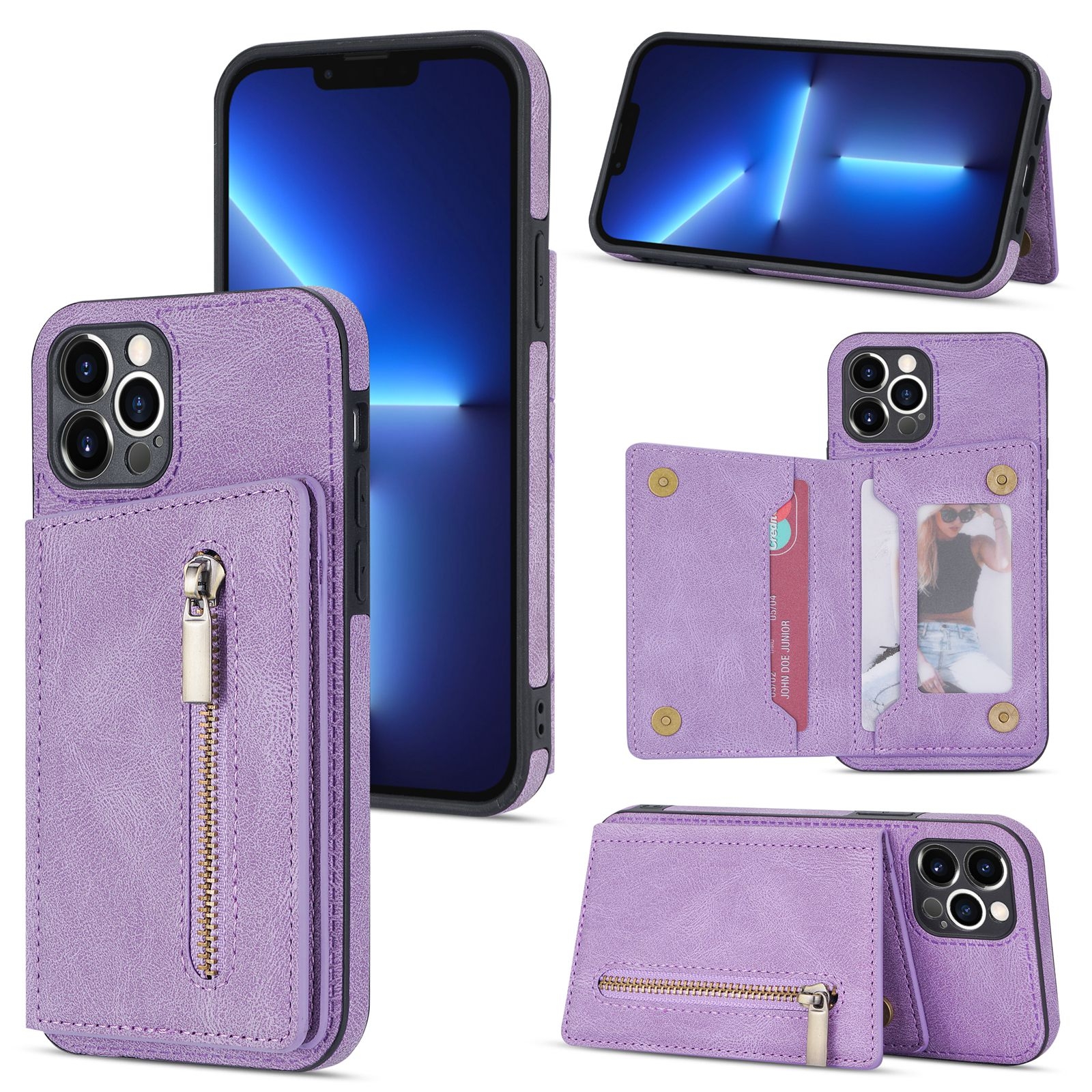 For iPhone 12 Pro Zipper Card Holder Phone Case(Purple) - Shopkiz.com