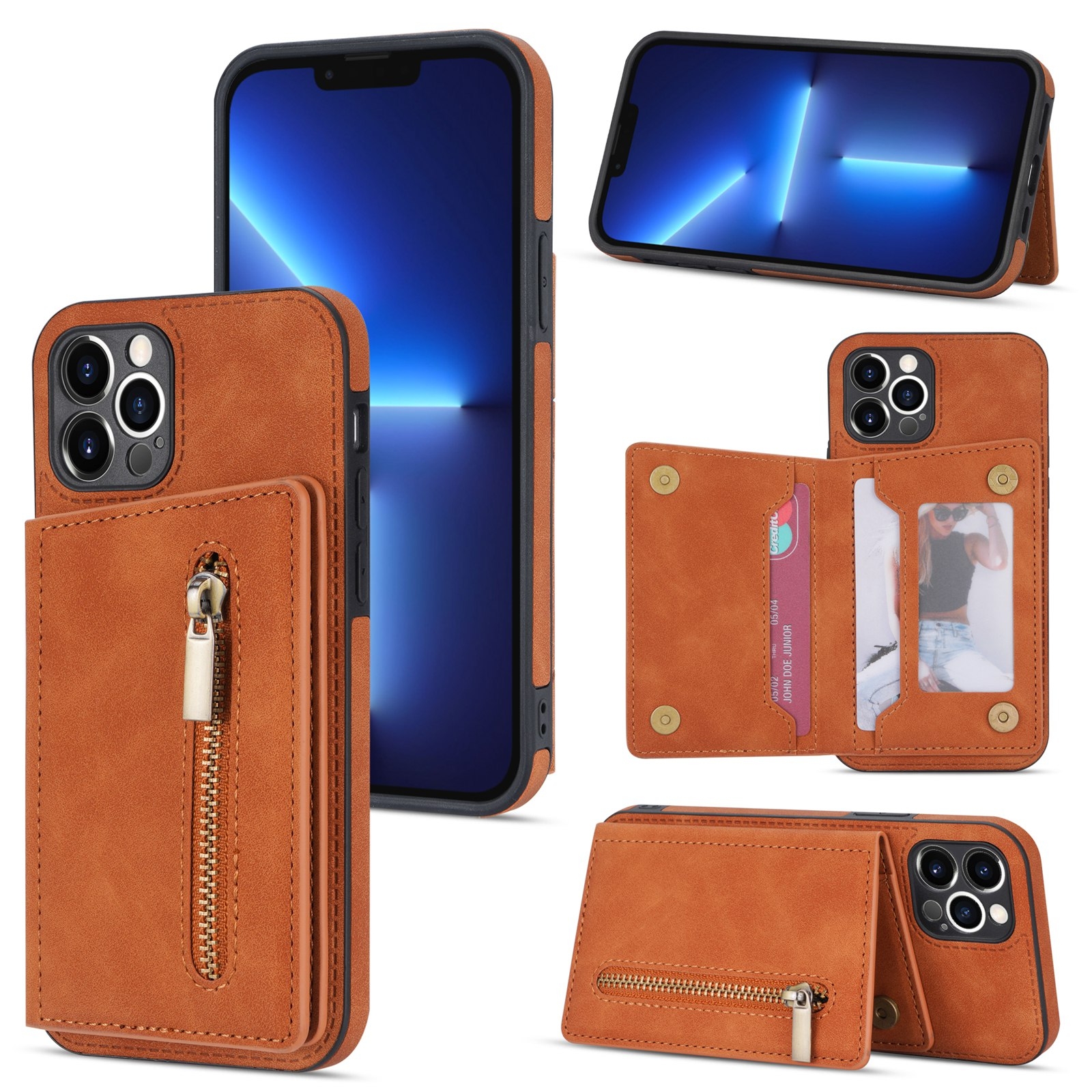 For iPhone 12 Pro Zipper Card Holder Phone Case(Brown) - Shopkiz.com