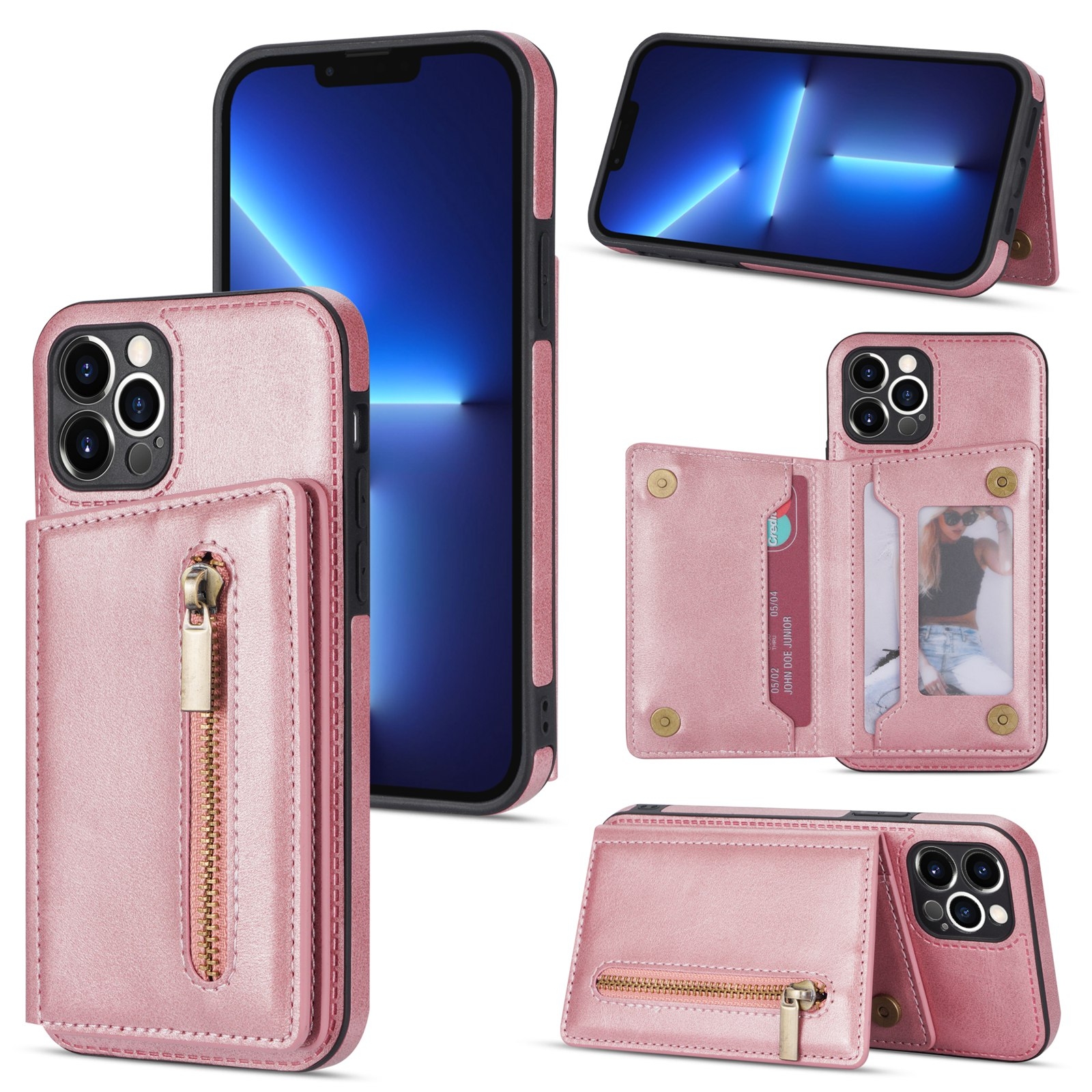 For iPhone 12 Pro Zipper Card Holder Phone Case(Rose Gold) - Shopkiz.com