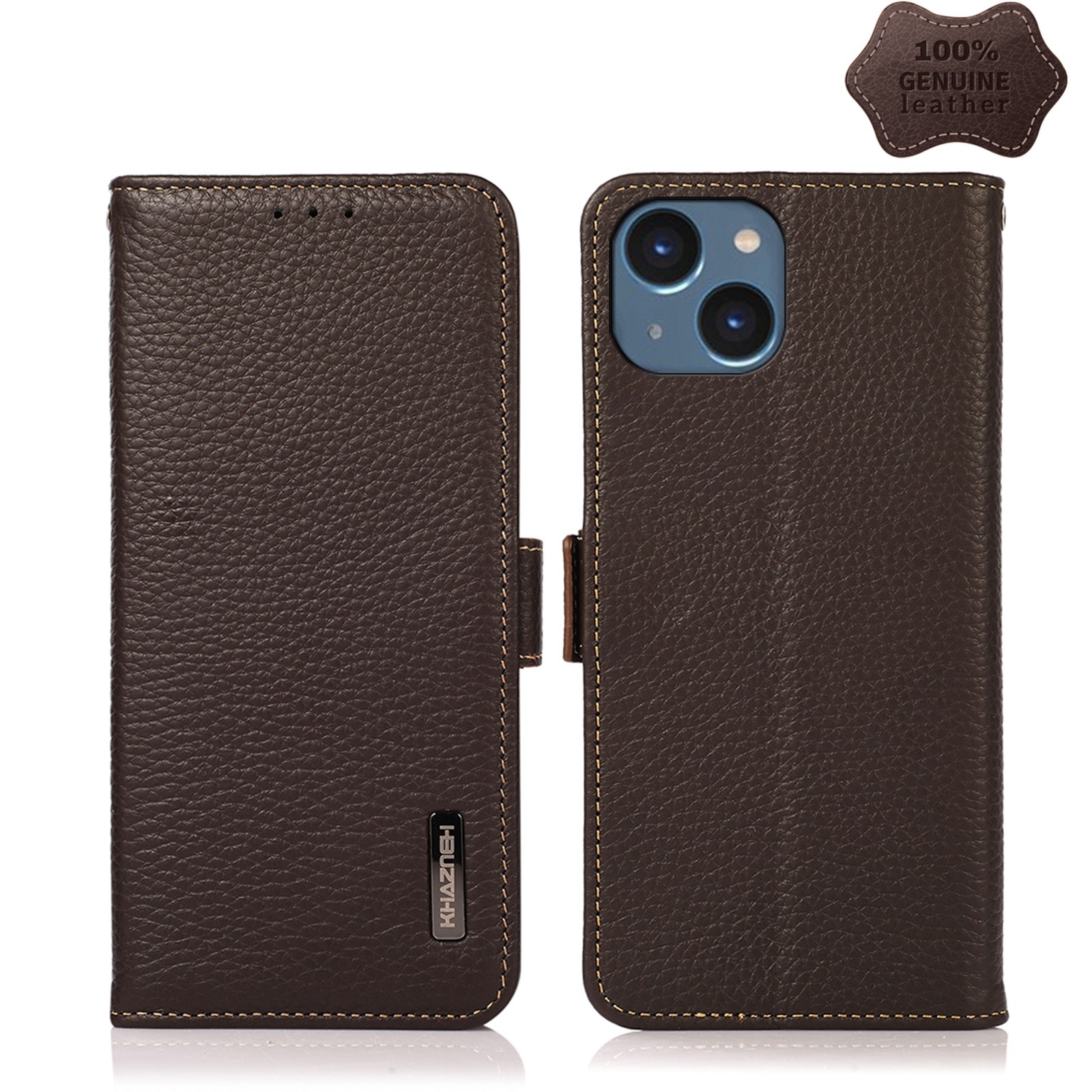 For iPhone 14 Plus KHAZNEH Side-Magnetic Litchi Genuine Leather RFID Phone Case  (Brown) - Shopkiz.com