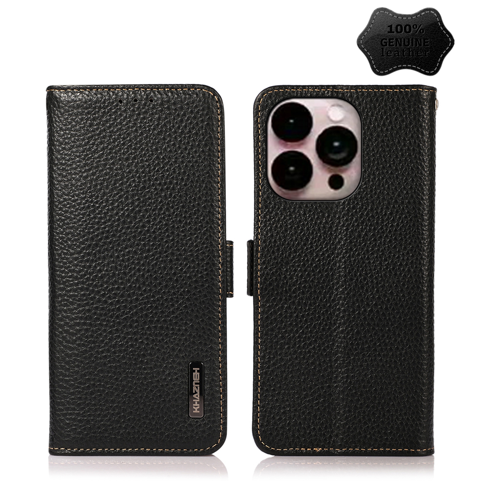For iPhone 14 Pro Max KHAZNEH Side-Magnetic Litchi Genuine Leather RFID Phone Case (Black) - Shopkiz.com
