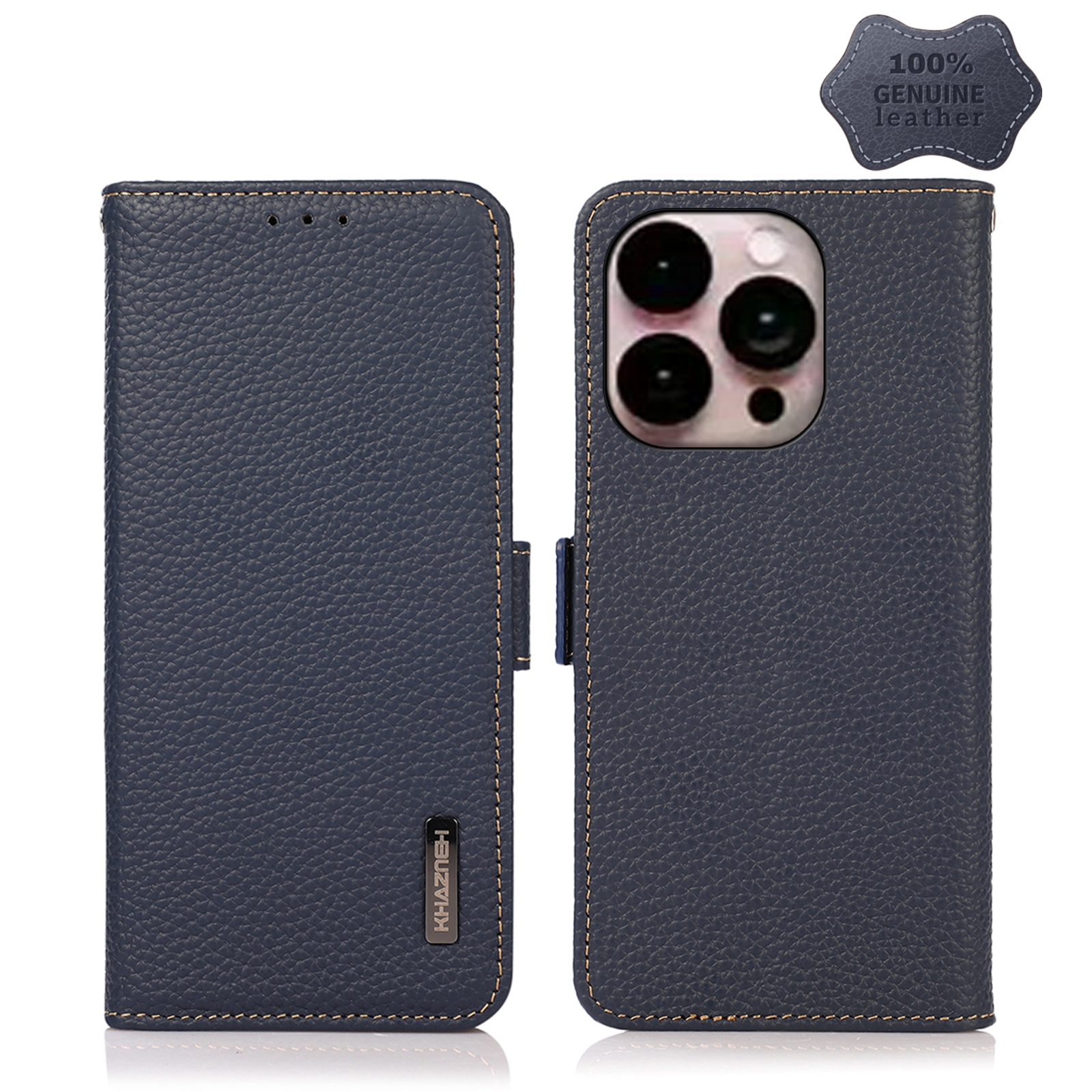 For iPhone 14 Pro Max KHAZNEH Side-Magnetic Litchi Genuine Leather RFID Phone Case (Blue) - Shopkiz.com