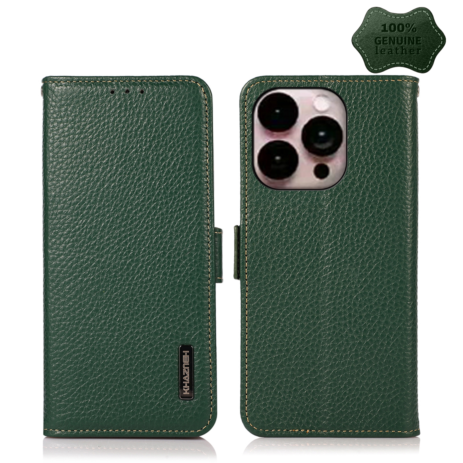 For iPhone 14 Pro Max KHAZNEH Side-Magnetic Litchi Genuine Leather RFID Phone Case (Green) - Shopkiz.com