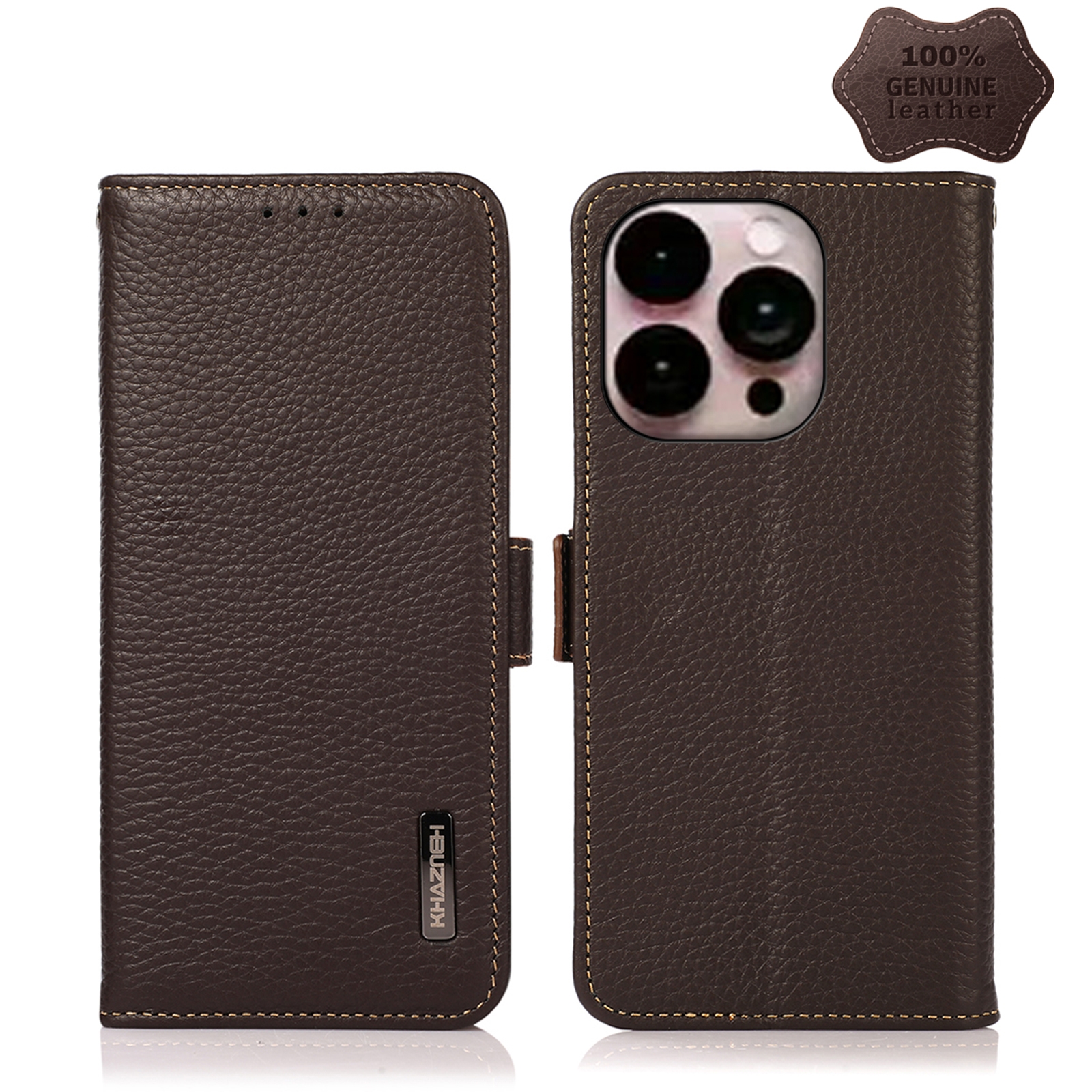For iPhone 14 Pro Max KHAZNEH Side-Magnetic Litchi Genuine Leather RFID Phone Case (Brown) - Shopkiz.com