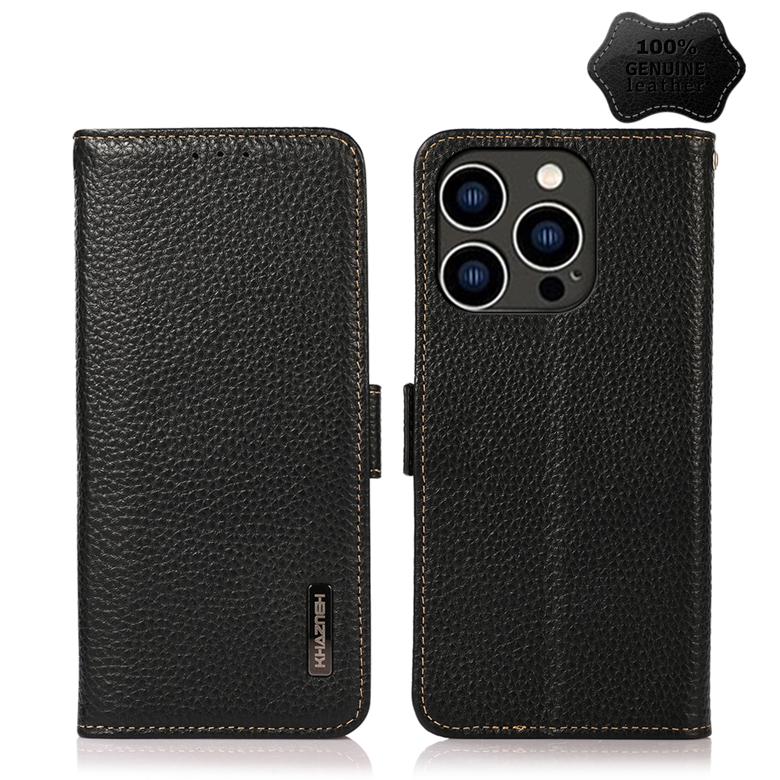 For iPhone 14 Pro KHAZNEH Side-Magnetic Litchi Genuine Leather RFID Phone Case (Black) - Shopkiz.com