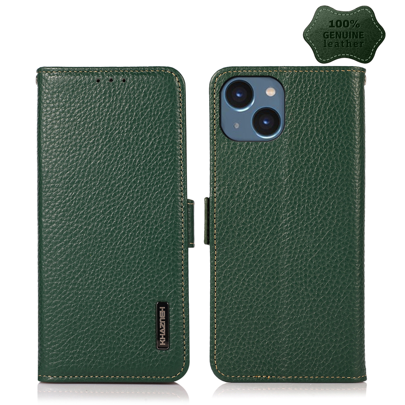 For iPhone 14 KHAZNEH Side-Magnetic Litchi Genuine Leather RFID Phone Case (Green) - Shopkiz.com