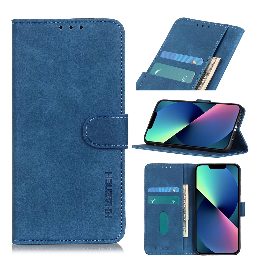 For iPhone 14 KHAZNEH Retro Texture Leather Phone Case (Blue) - Shopkiz.com