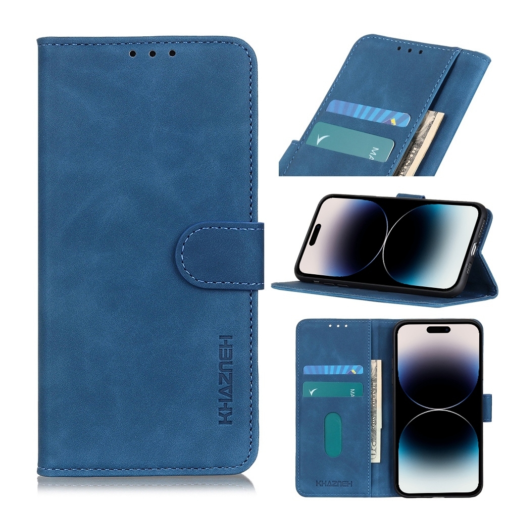 For iPhone 14 Pro KHAZNEH Retro Texture Leather Phone Case (Blue) - Shopkiz.com