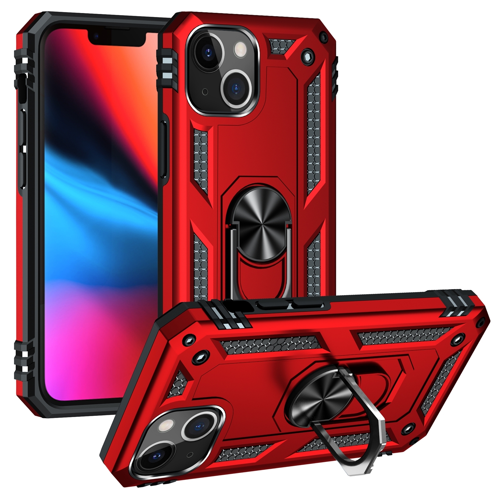 For iPhone 14 Plus Shockproof TPU + PC Ring Holder Phone Case (Red) - Shopkiz.com