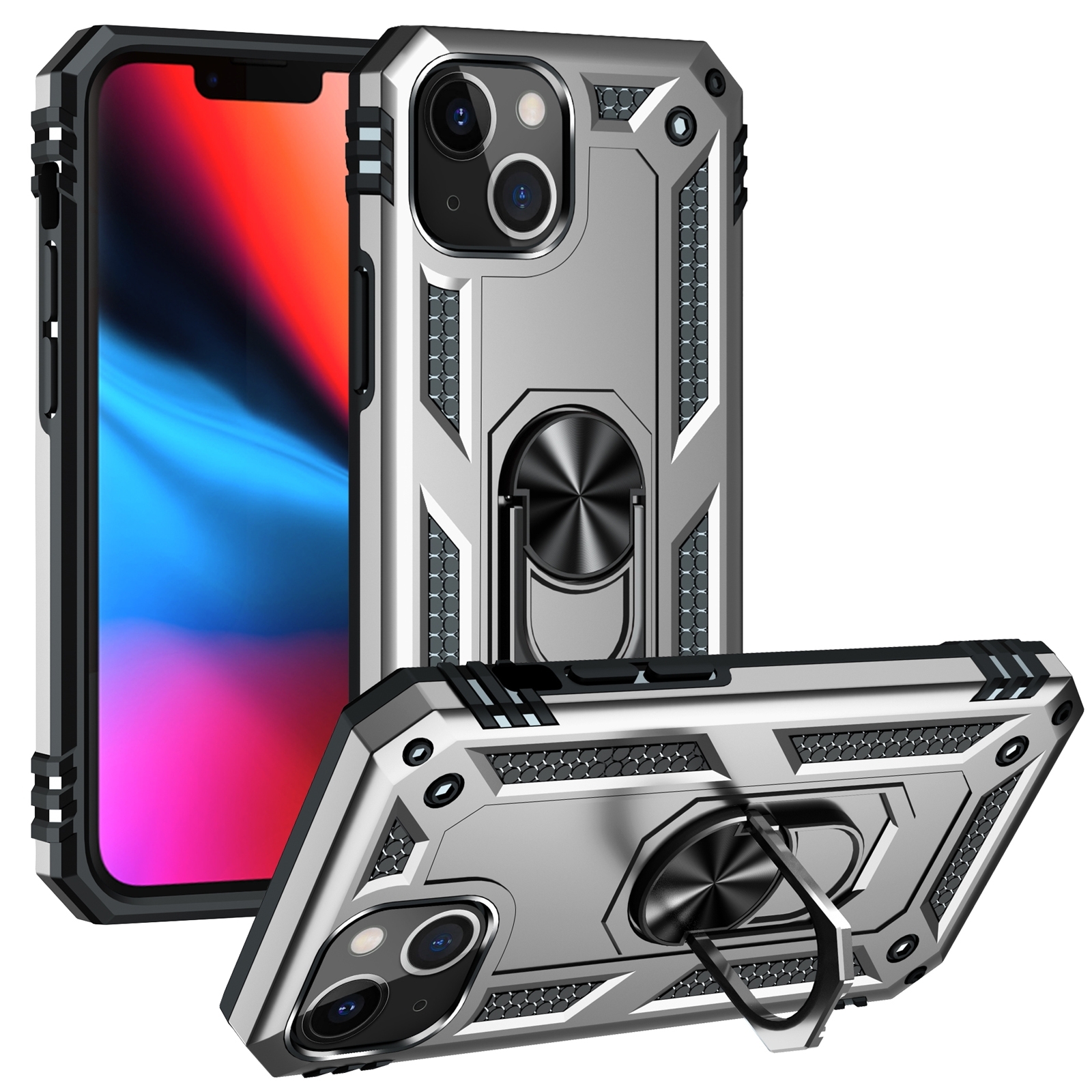 For iPhone 14 Plus Shockproof TPU + PC Ring Holder Phone Case (Silver) - Shopkiz.com