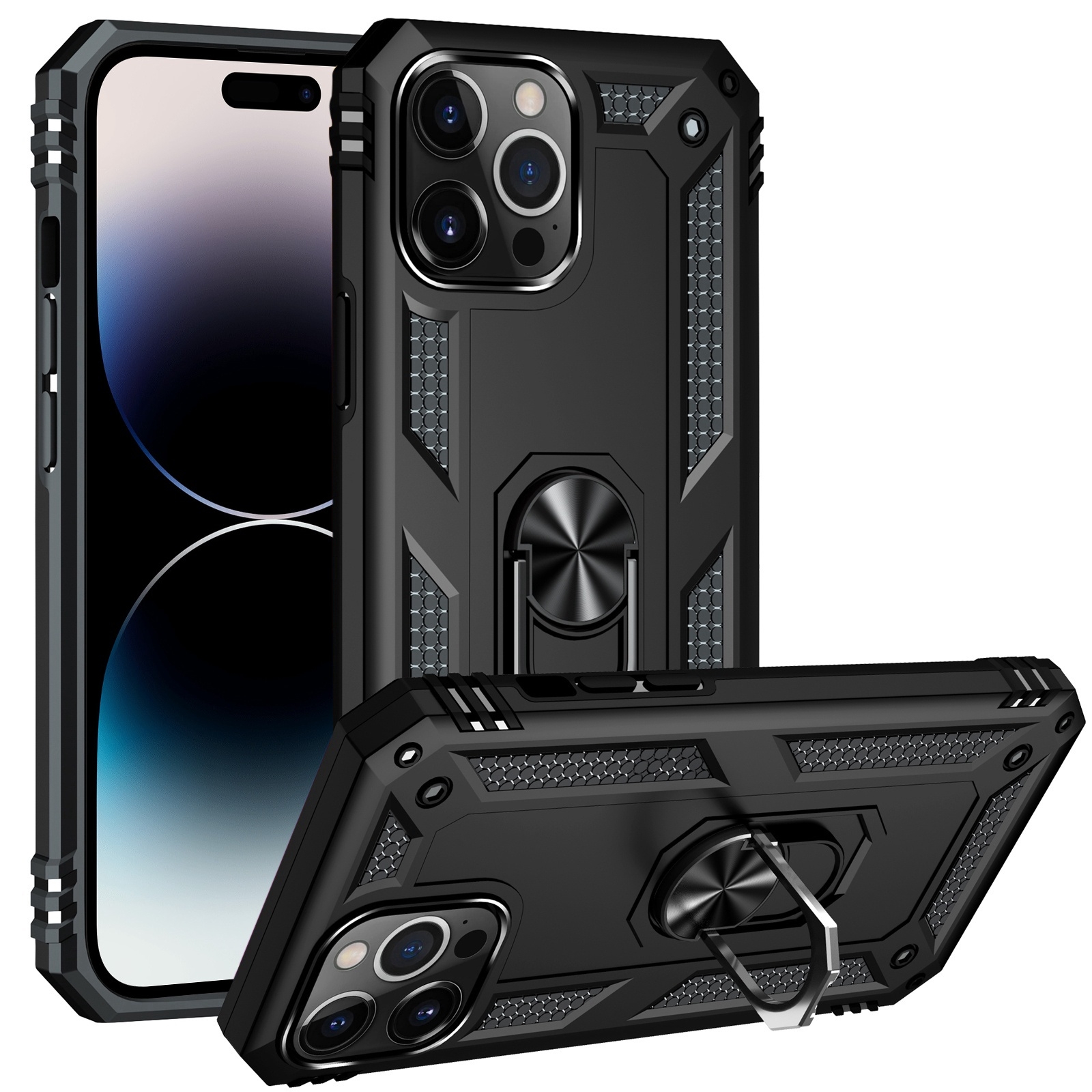 For iPhone 14 Pro Shockproof TPU + PC Ring Holder Phone Case (Black) - Shopkiz.com