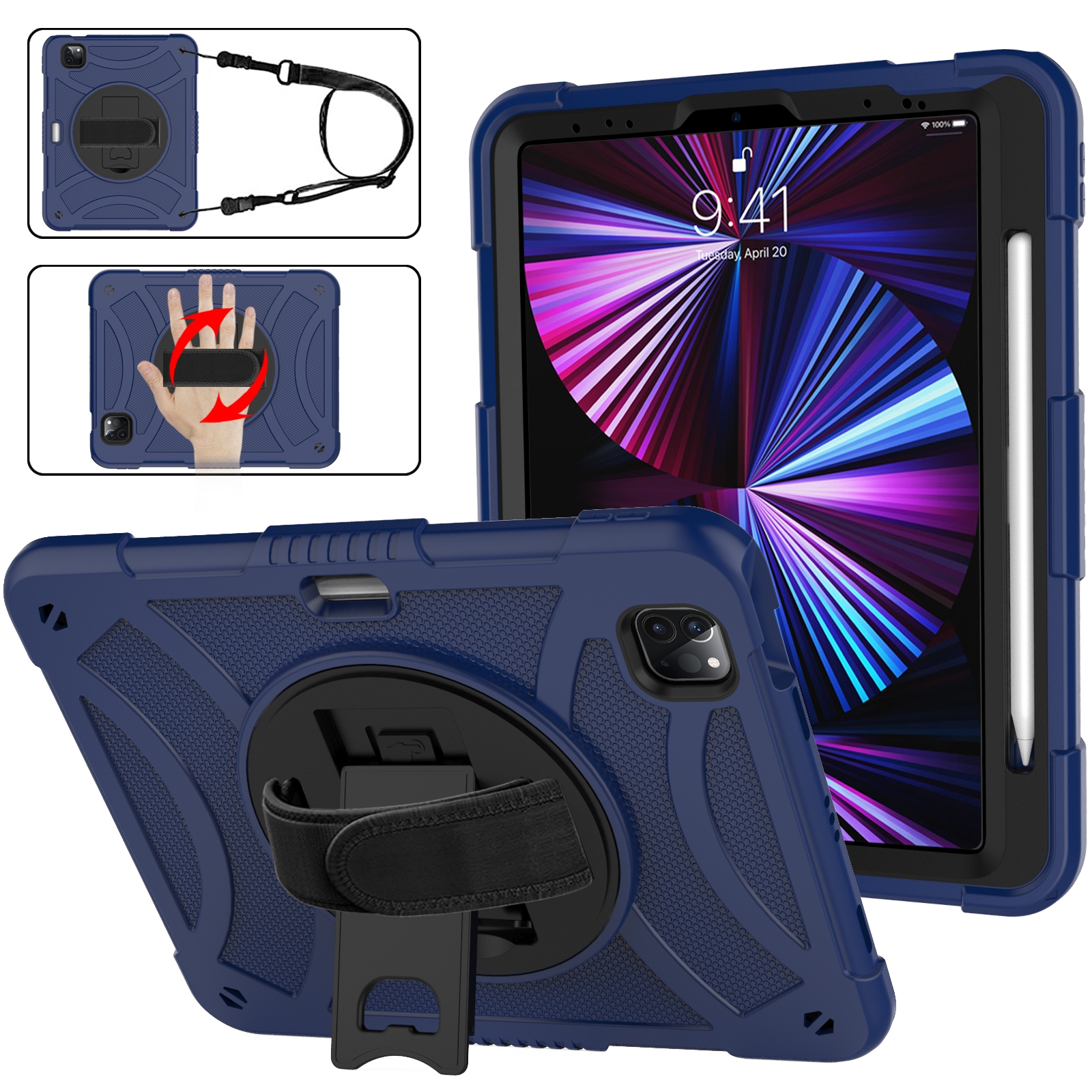 For iPad Pro 11 2022 / 2021 / 2020 Rotary Grab Silicone + PC Tablet Case(Navy Blue) - Shopkiz.com