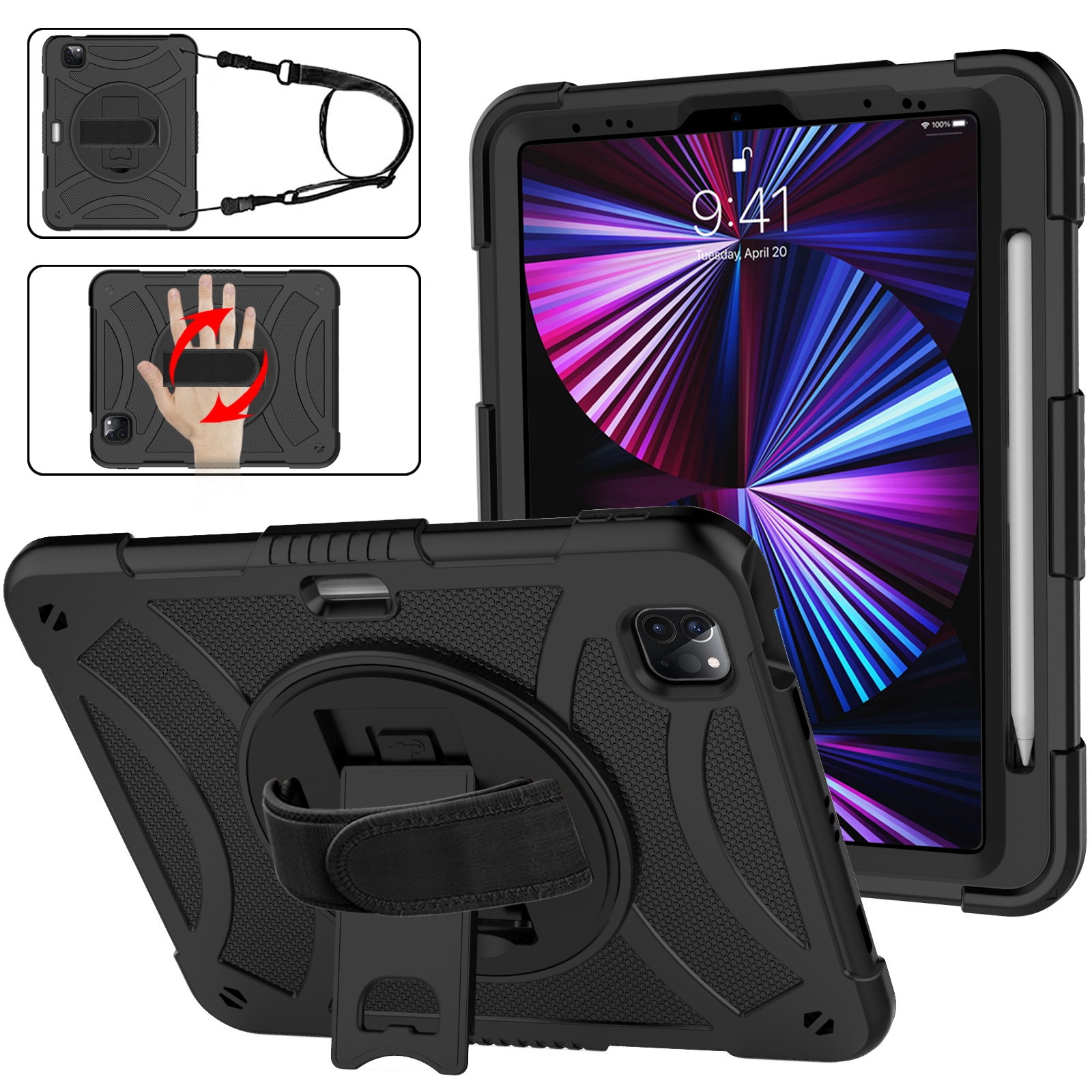 For iPad Pro 11 2022 / 2021 / 2020 Rotary Grab Silicone + PC Tablet Case(Black) - Shopkiz.com