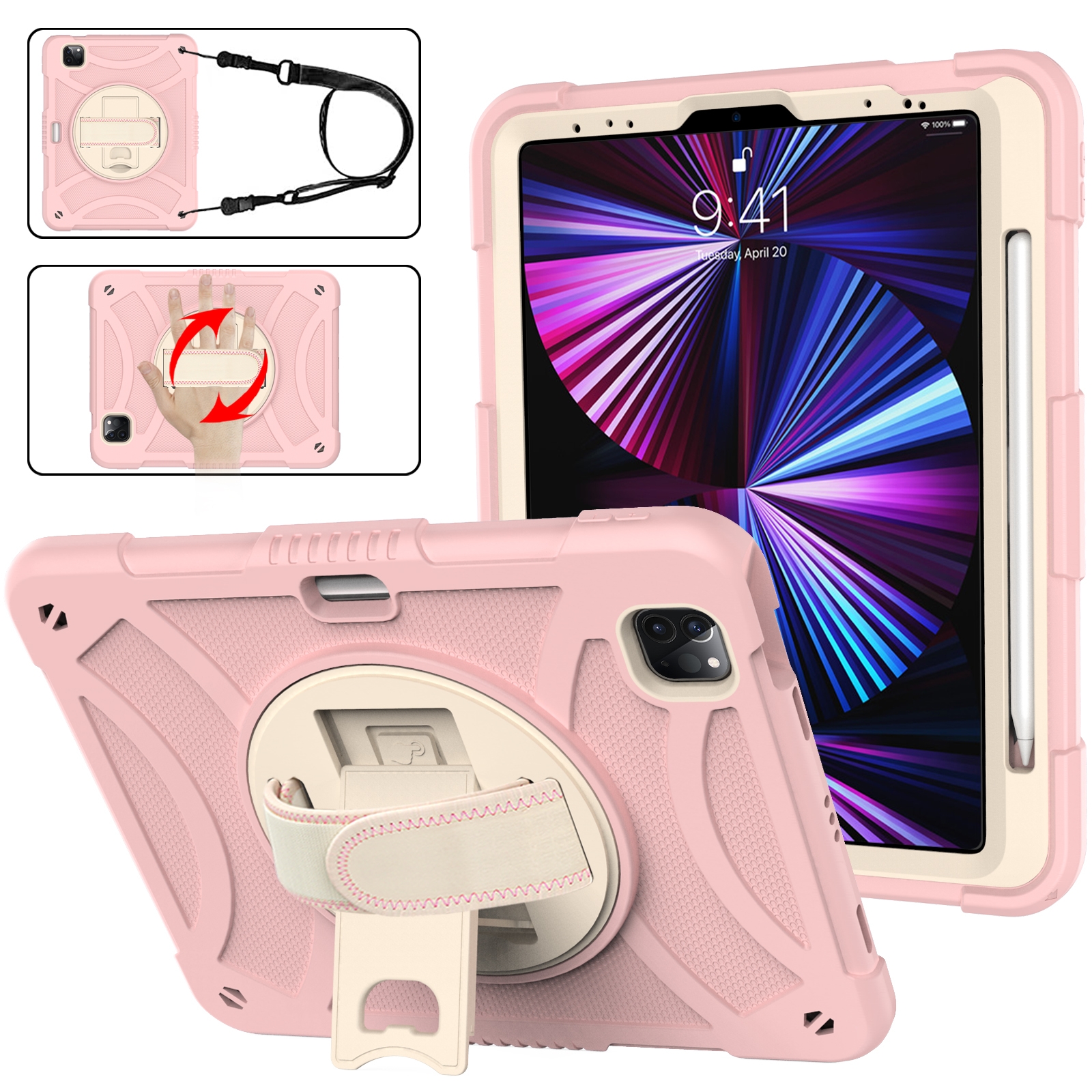 For iPad Pro 11 2022 / 2021 / 2020 Rotary Grab Silicone + PC Tablet Case(Rose Gold) - Shopkiz.com