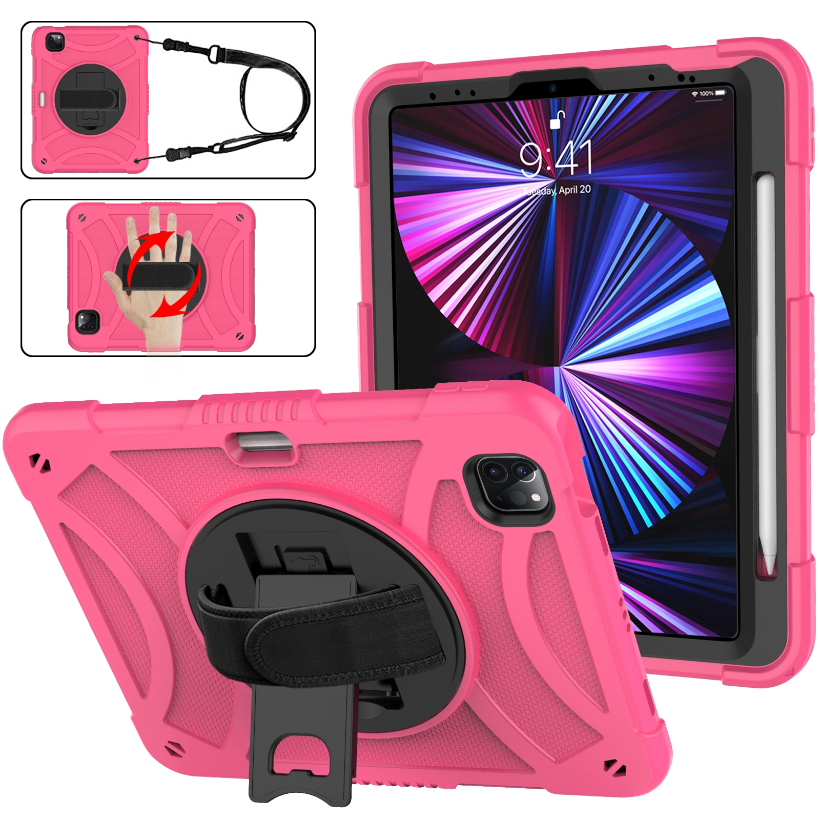 For iPad Pro 11 2022 / 2021 / 2020 Rotary Grab Silicone + PC Tablet Case(Rose Red) - Shopkiz.com
