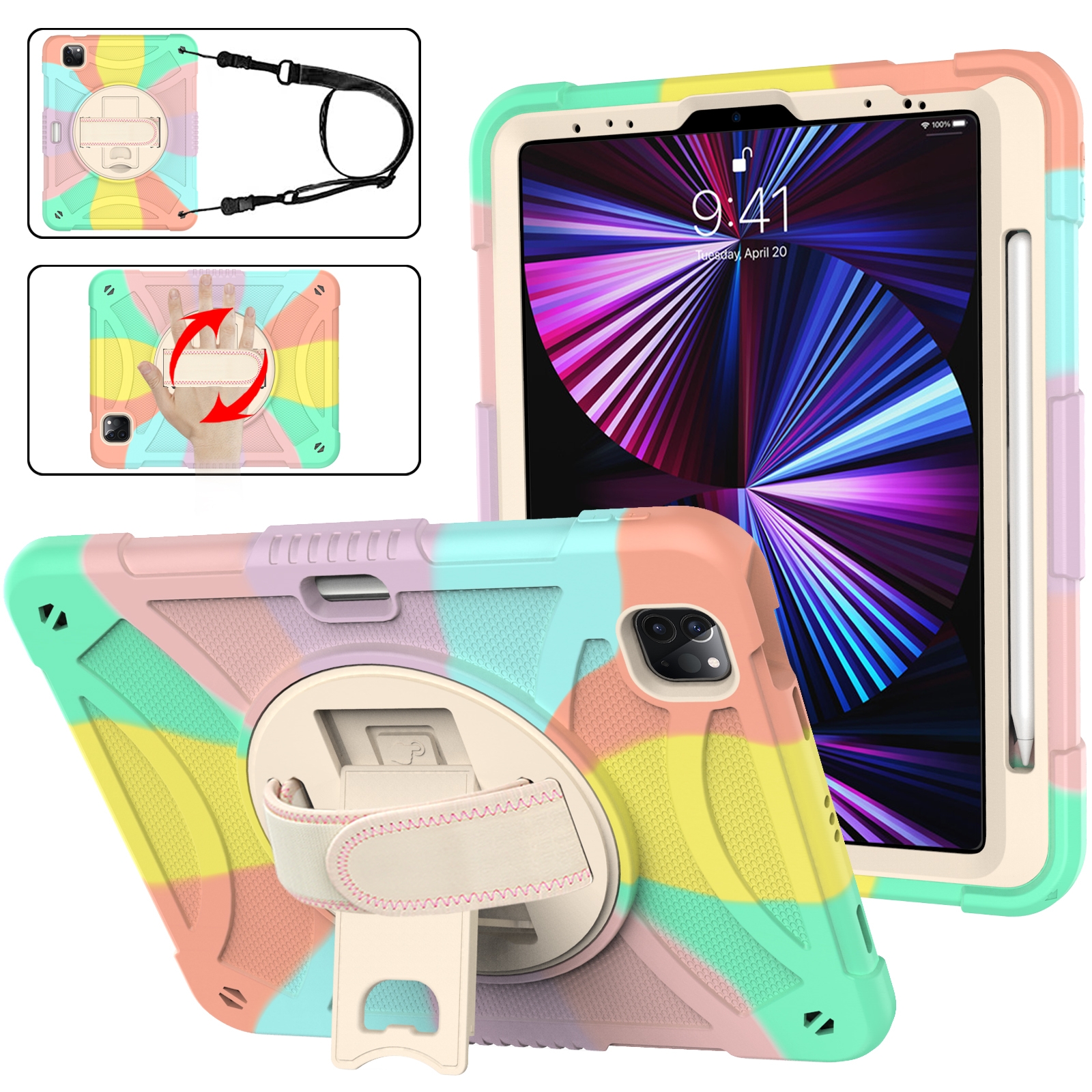 For iPad Pro 11 2022 / 2021 / 2020 Rotary Grab Silicone + PC Tablet Case(Colorful) - Shopkiz.com
