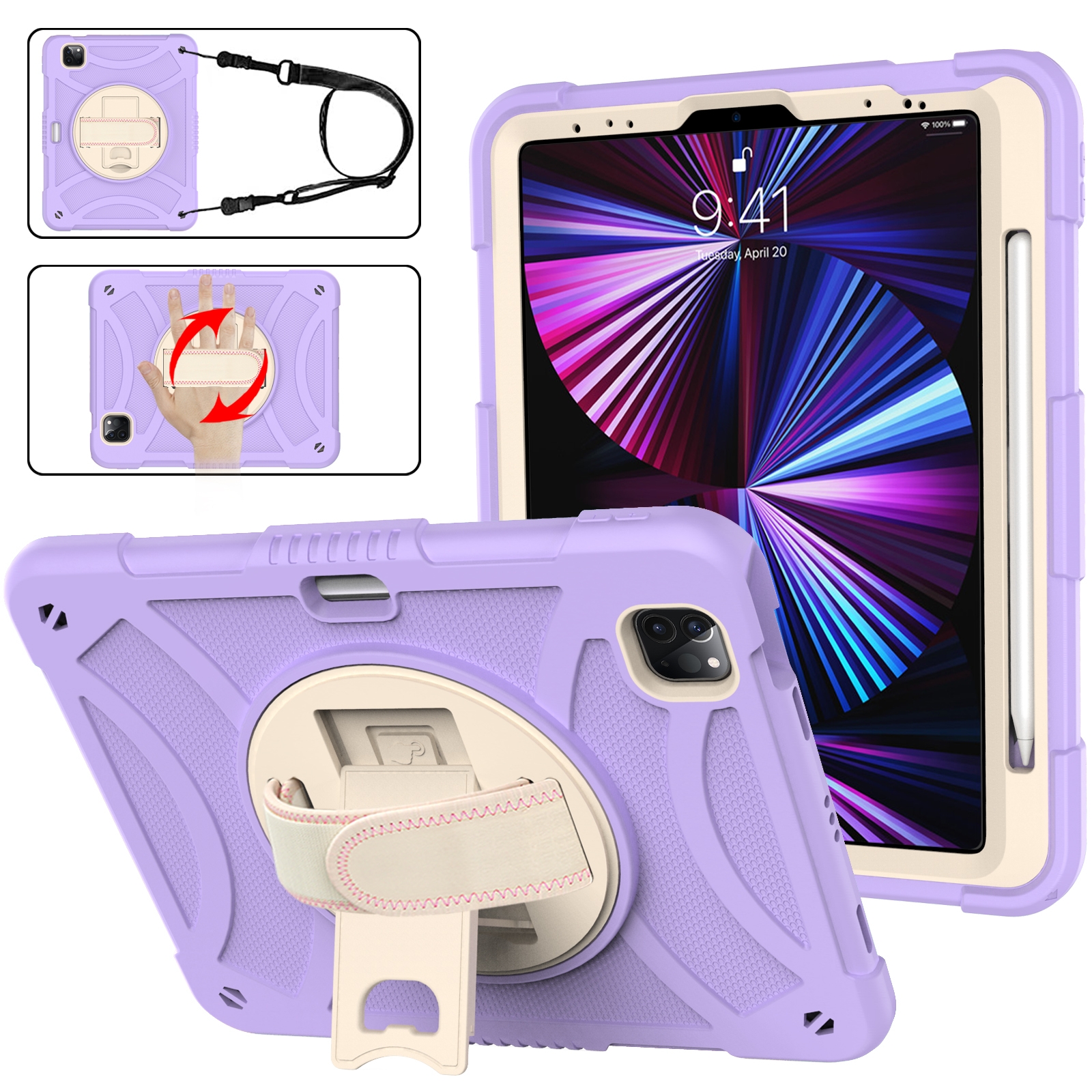 For iPad Pro 11 2022 / 2021 / 2020 Rotary Grab Silicone + PC Tablet Case(Purple) - Shopkiz.com