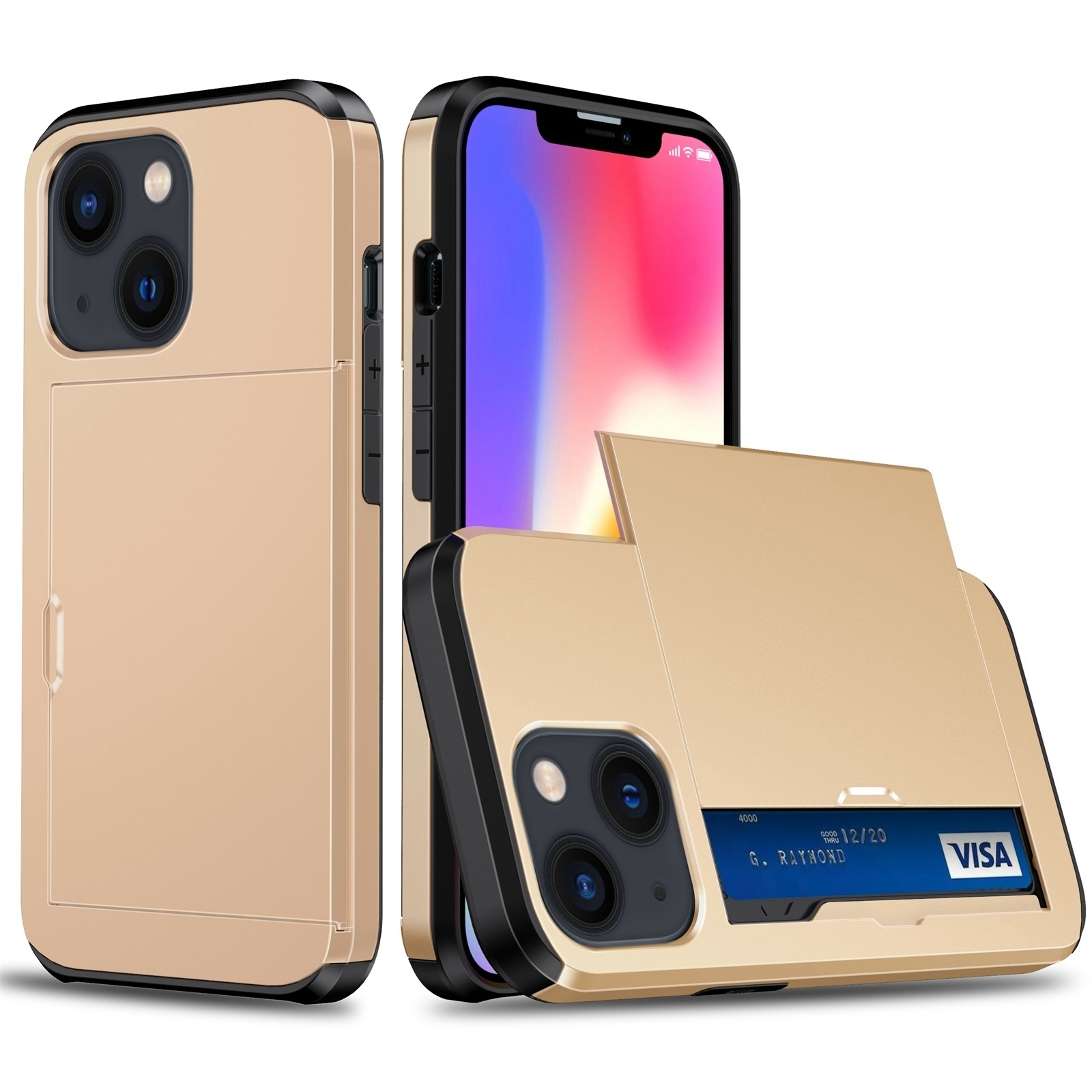 For iPhone 14 Plus Shockproof Armor Protective Phone Case with Slide Card Slot (Gold) - Shopkiz.com