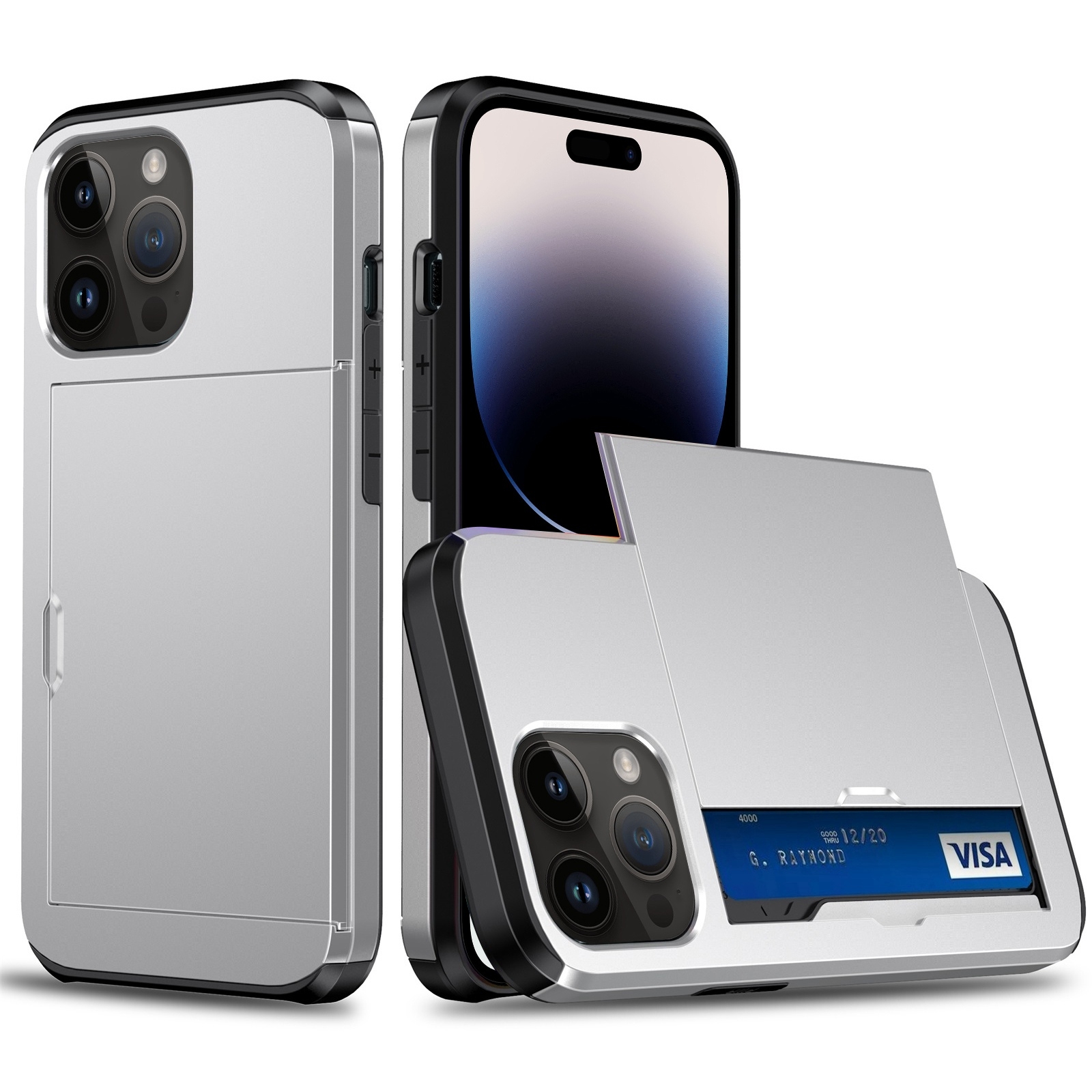 For iPhone 14 Pro Shockproof Armor Protective Phone Case with Slide Card Slot (Silver) - Shopkiz.com
