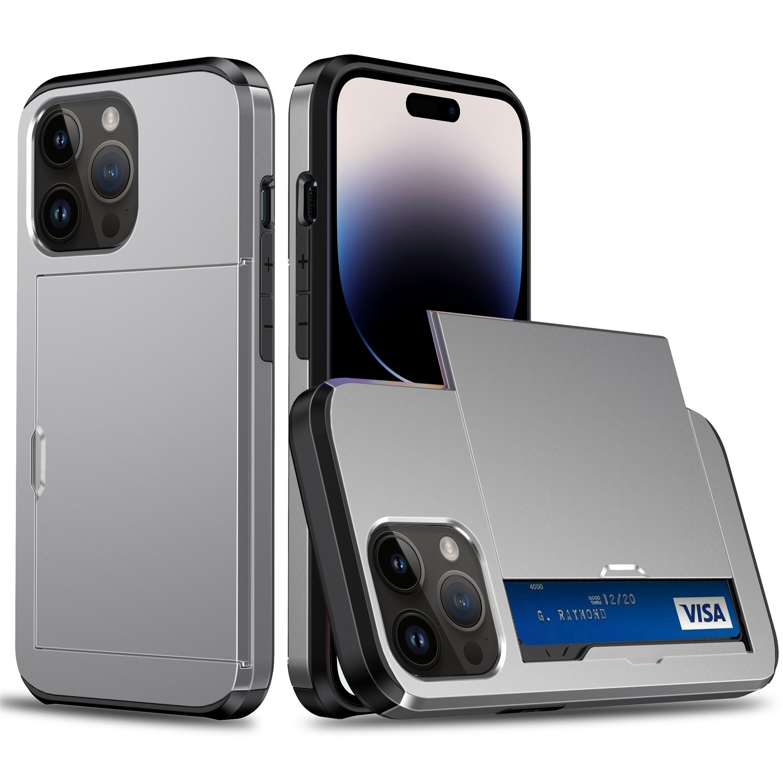For iPhone 14 Pro Shockproof Armor Protective Phone Case with Slide Card Slot (Grey) - Shopkiz.com