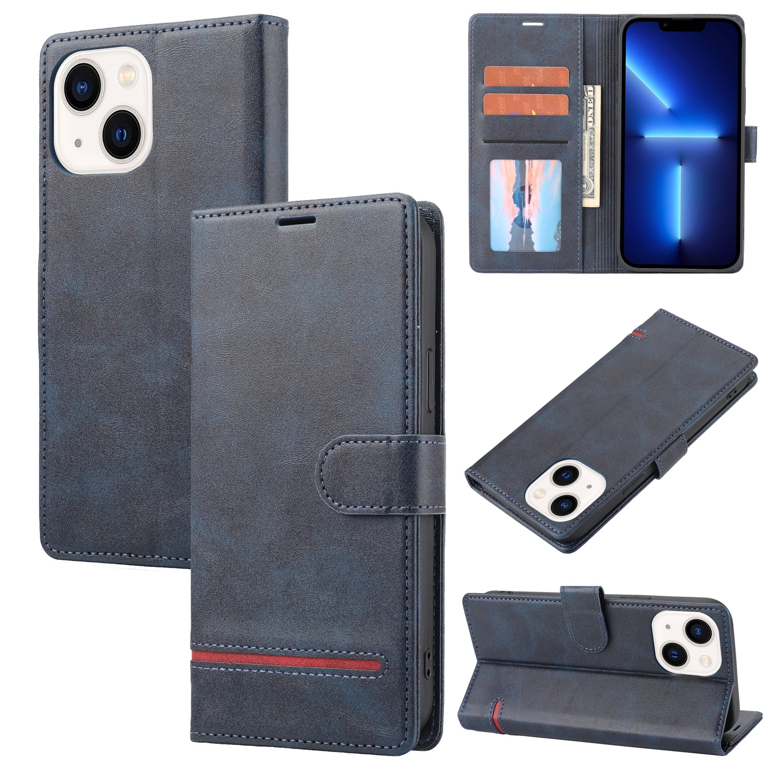 For iPhone 13 mini Classic Wallet Flip Leather Phone Case (Blue) - Shopkiz.com