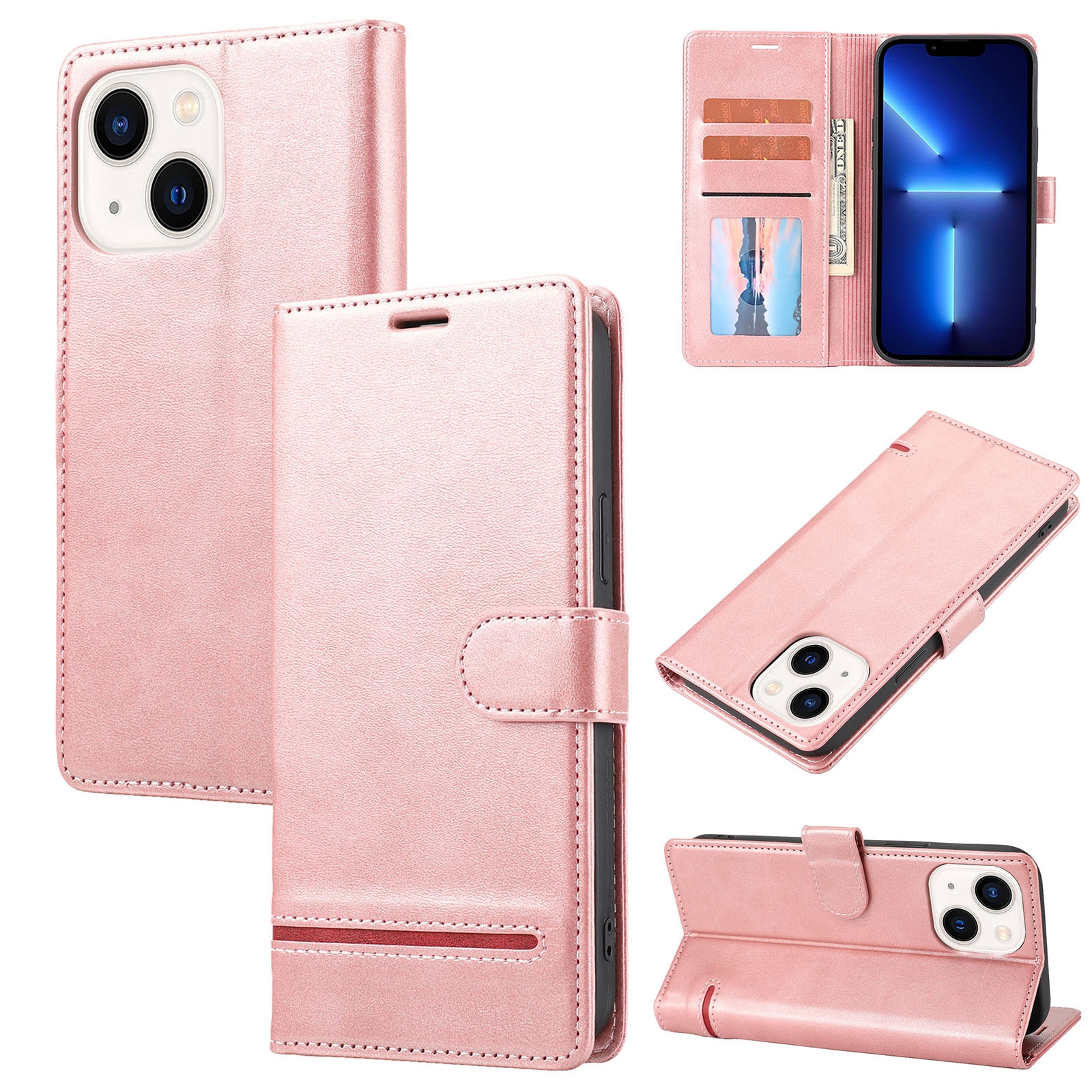 For iPhone 13 mini Classic Wallet Flip Leather Phone Case (Pink) - Shopkiz.com