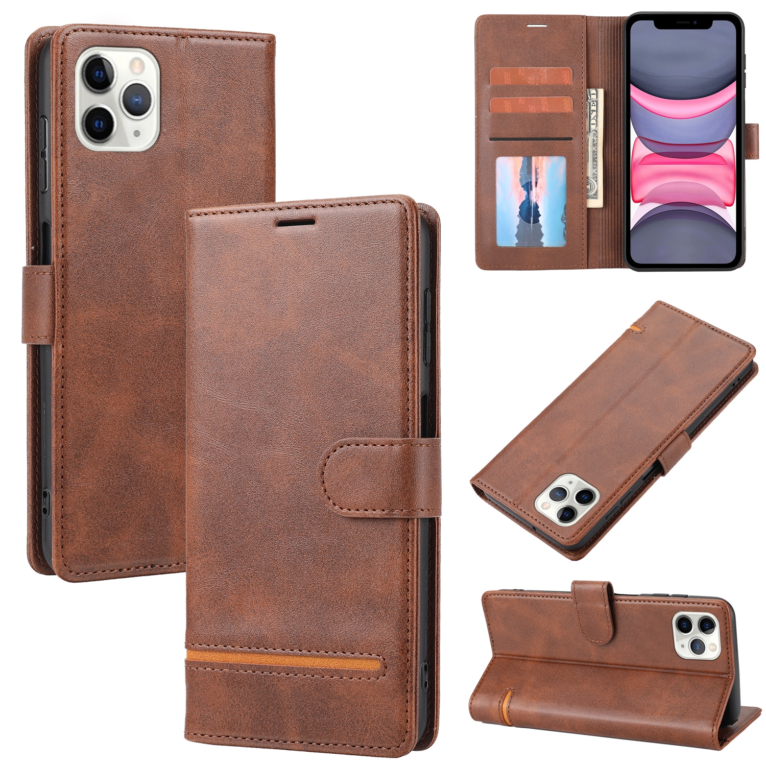 For iPhone 11 Pro Classic Wallet Flip Leather Phone Case (Brown) - Shopkiz.com