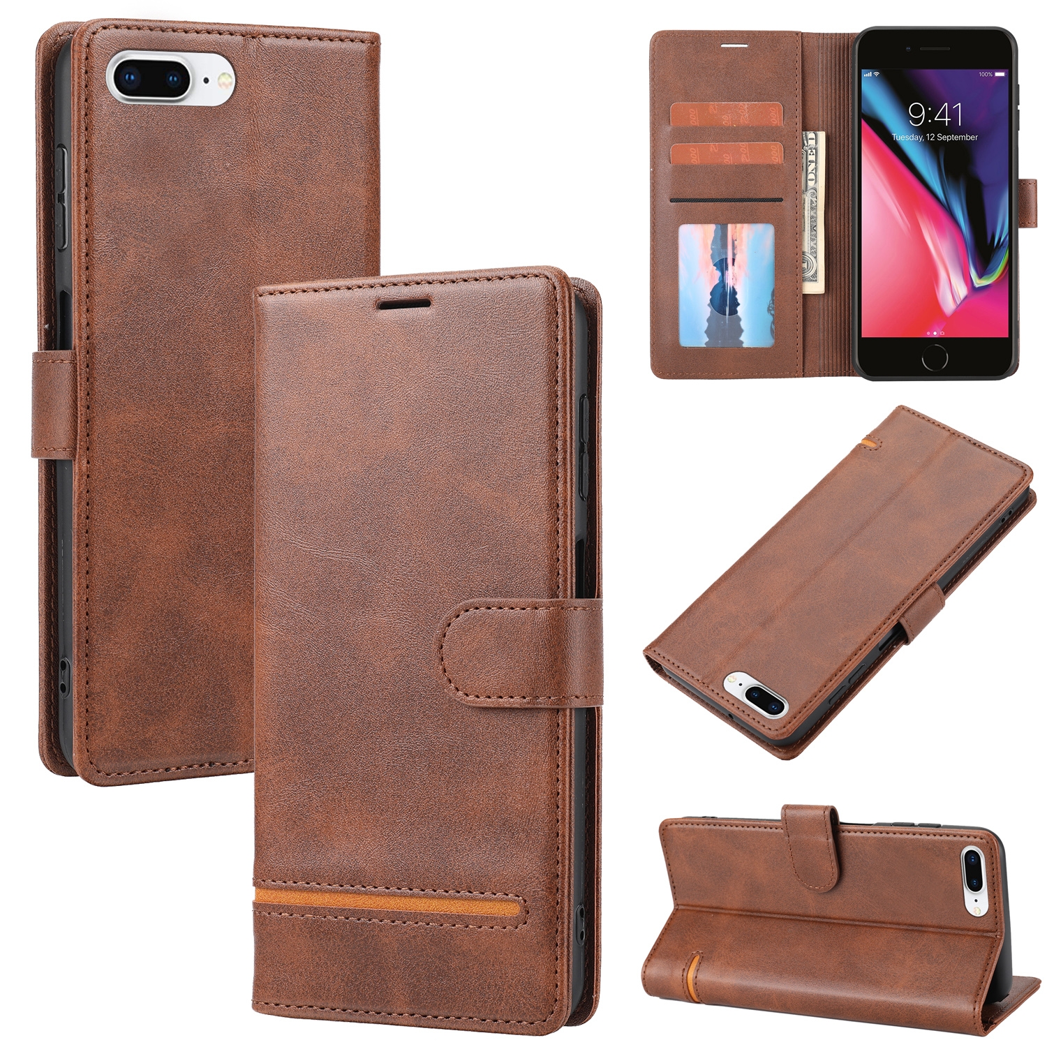 Classic Wallet Flip Leather Phone Case For iPhone 7 Plus / 8 Plus(Brown) - Shopkiz.com