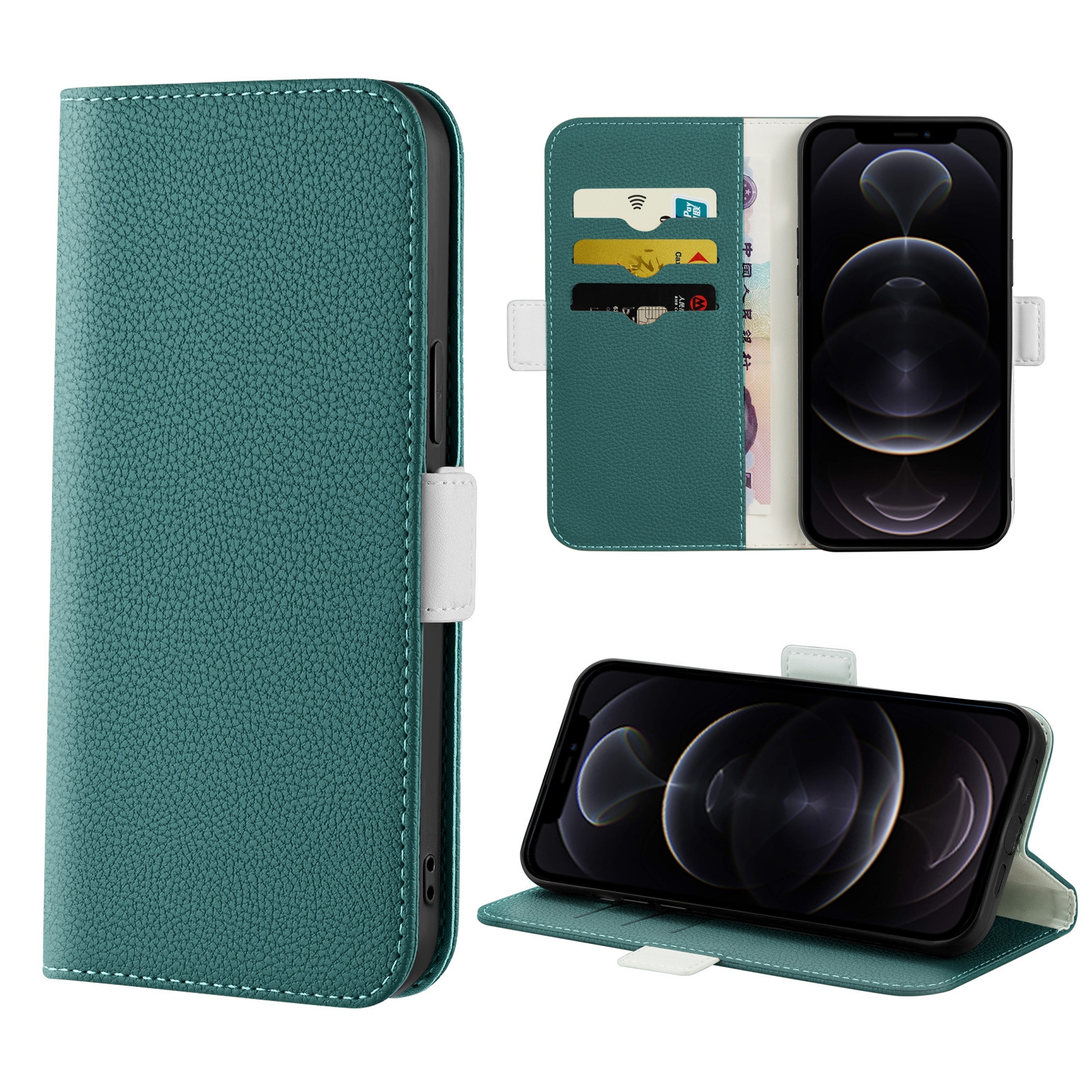 For iPhone 12 / 12 Pro Candy Color Litchi Texture Leather Phone Case(Dark Green) - Shopkiz.com