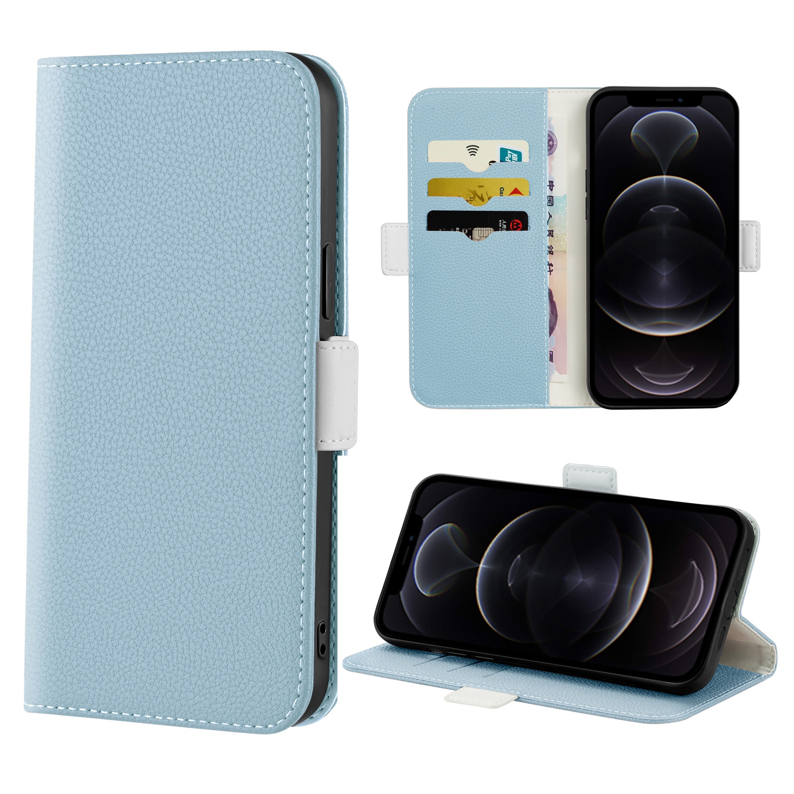 For iPhone 12 / 12 Pro Candy Color Litchi Texture Leather Phone Case(Light Blue) - Shopkiz.com