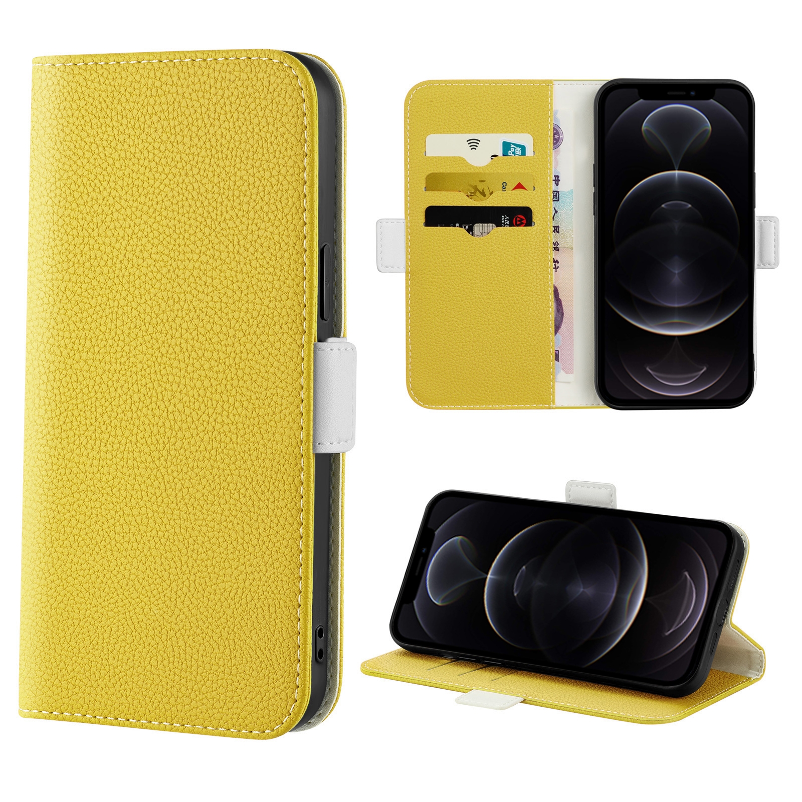For iPhone 12 / 12 Pro Candy Color Litchi Texture Leather Phone Case(Yellow) - Shopkiz.com