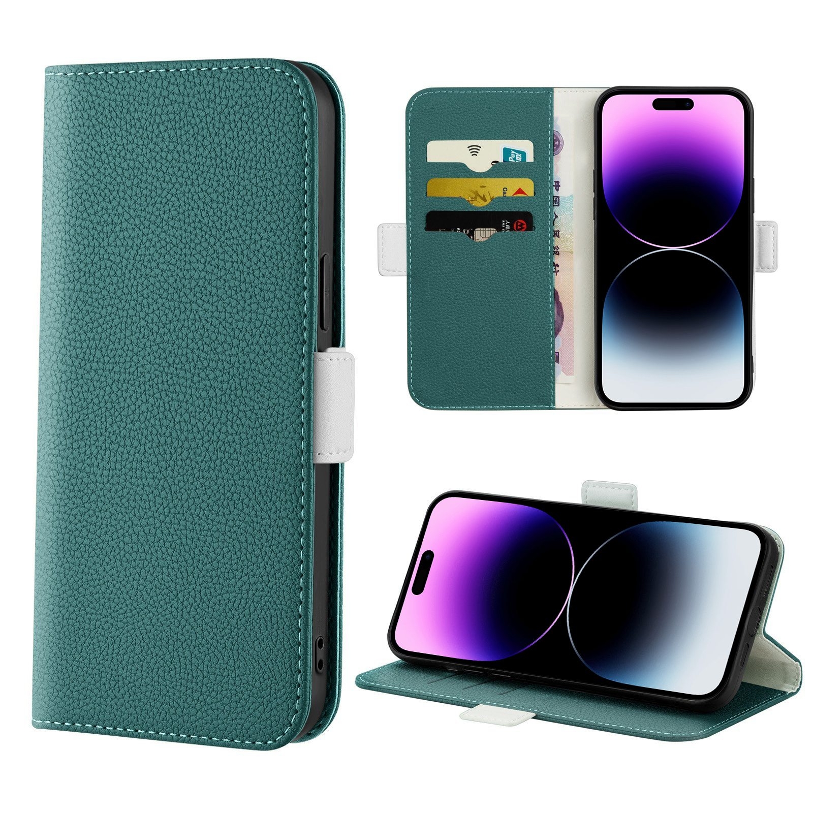 For iPhone 14 Pro Max Candy Color Litchi Texture Leather Phone Case (Dark Green) - Shopkiz.com