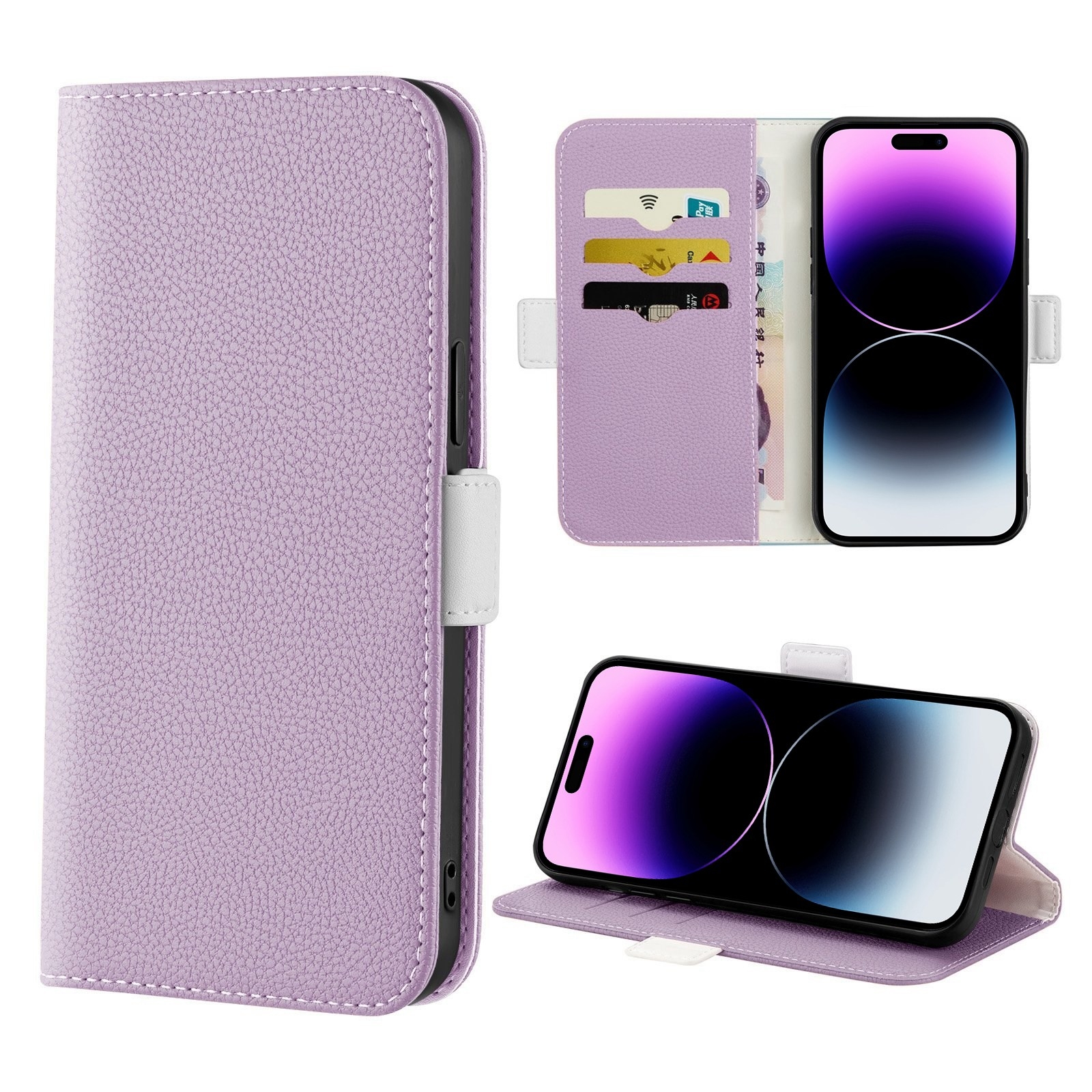 For iPhone 14 Pro Max Candy Color Litchi Texture Leather Phone Case (Light Purple) - Shopkiz.com
