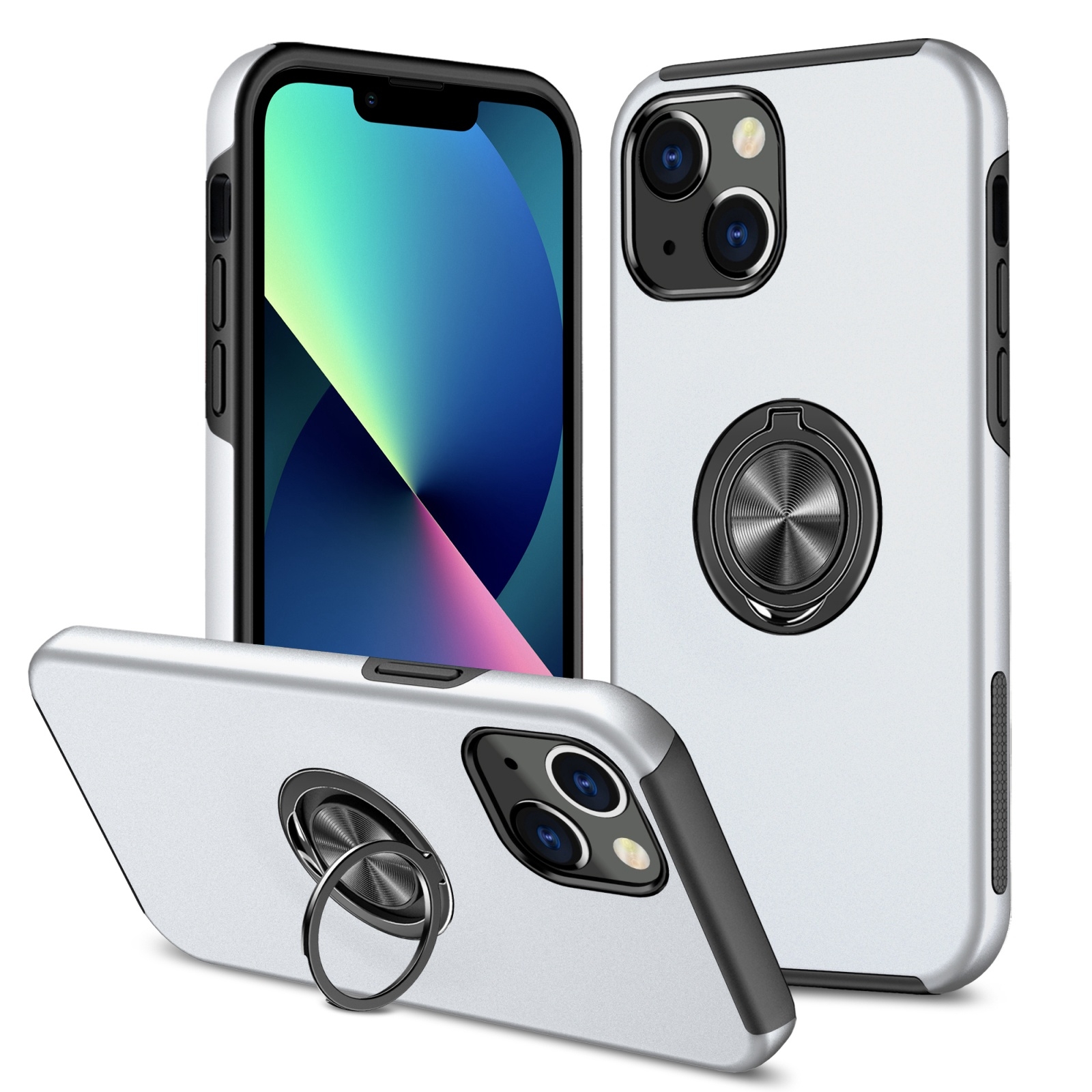 For iPhone 14 Magnetic Ring Kickstand Shockproof Phone Case (Silver) - Shopkiz.com