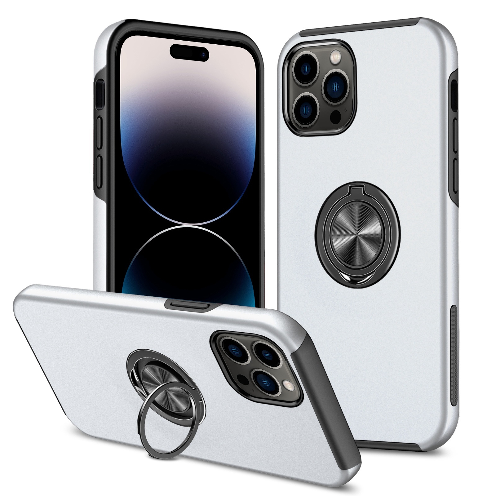 For iPhone 14 Pro Max Magnetic Ring Kickstand Shockproof Phone Case (Silver) - Shopkiz.com