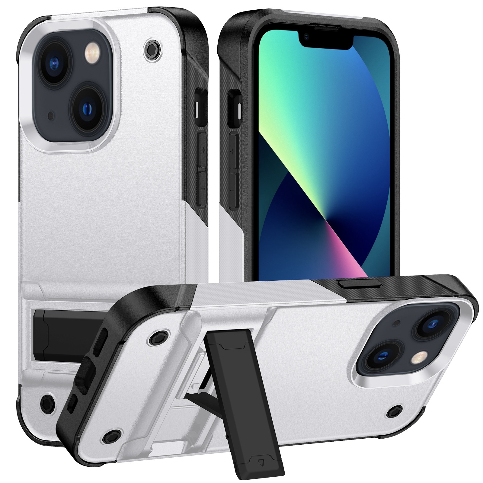 PC + TPU Shockproof Phone Case with Holder For iPhone 14 Max(White+Black) - Shopkiz.com
