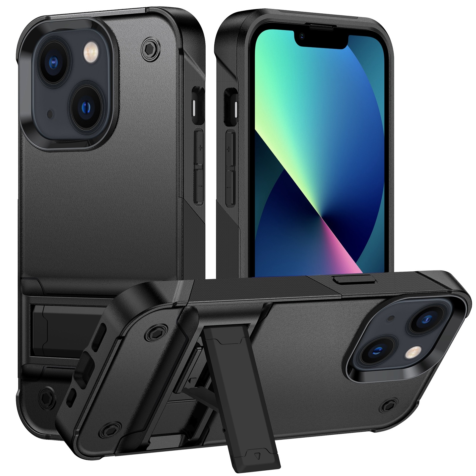 PC + TPU Shockproof Phone Case with Holder For iPhone 14 Max(Black+Black) - Shopkiz.com