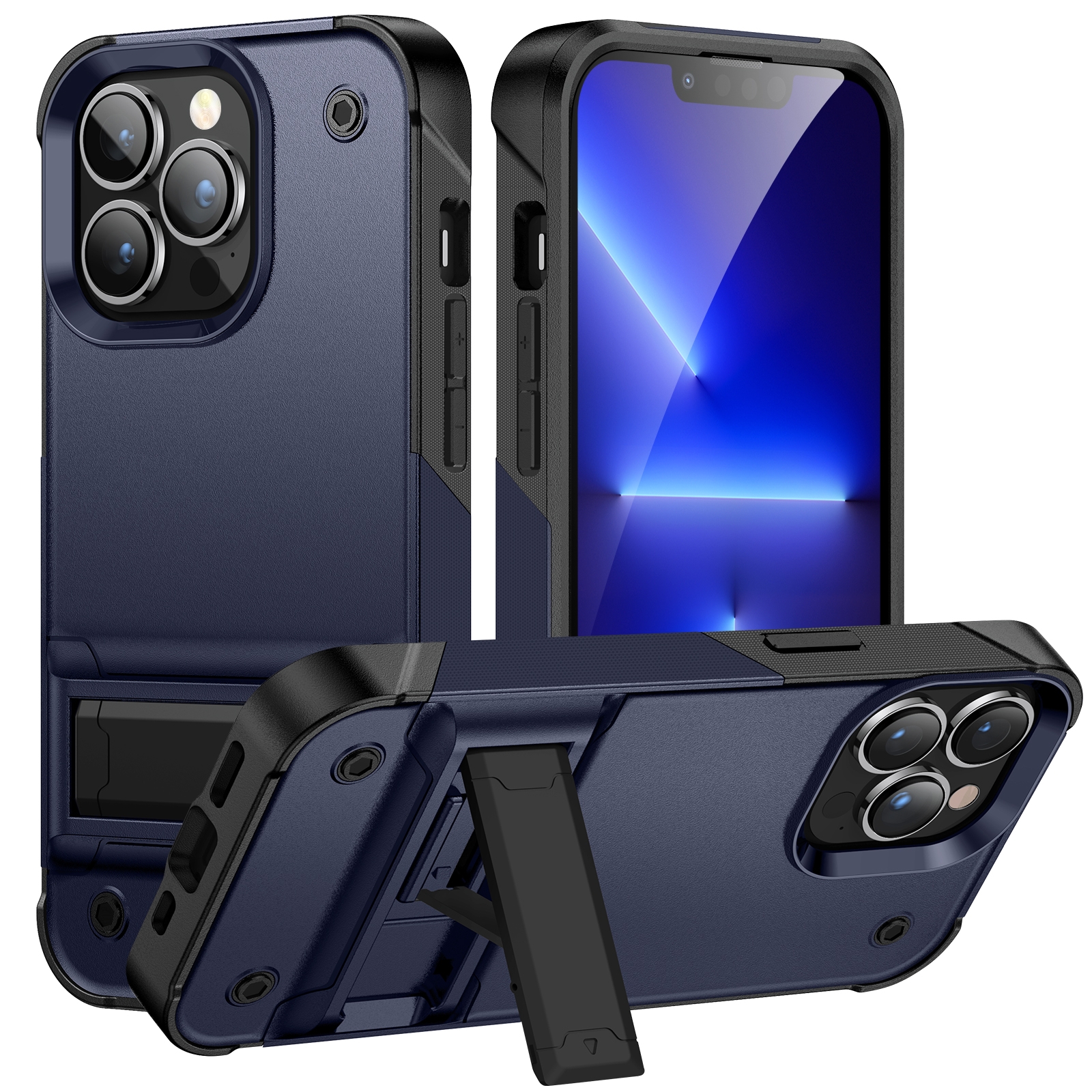 PC + TPU Shockproof Phone Case with Holder For iPhone 14 Pro(Blue+Black) - Shopkiz.com