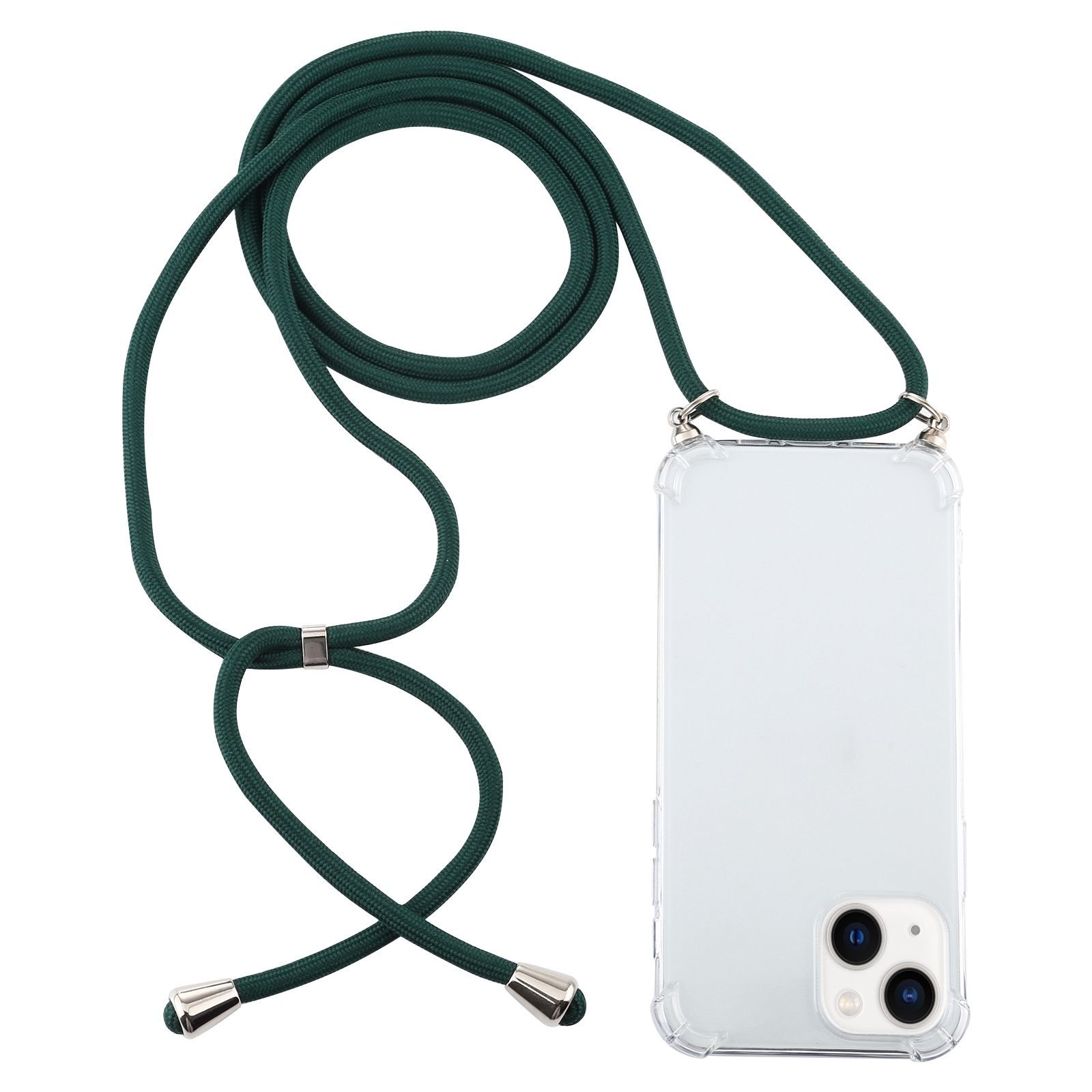 For iPhone 14 Four-Corner Shockproof Transparent TPU Case with Lanyard (Dark Green) - Shopkiz.com