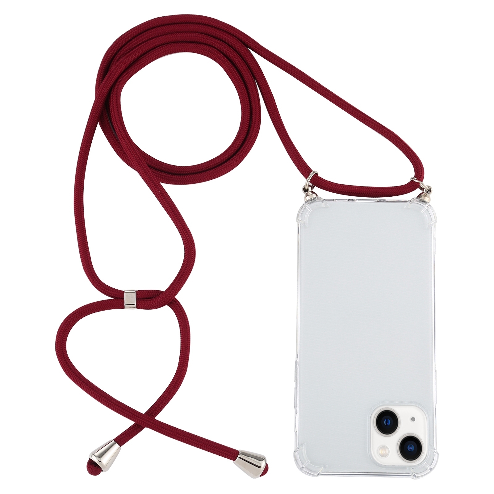 For iPhone 14 Four-Corner Shockproof Transparent TPU Case with Lanyard (Wine Red) - Shopkiz.com