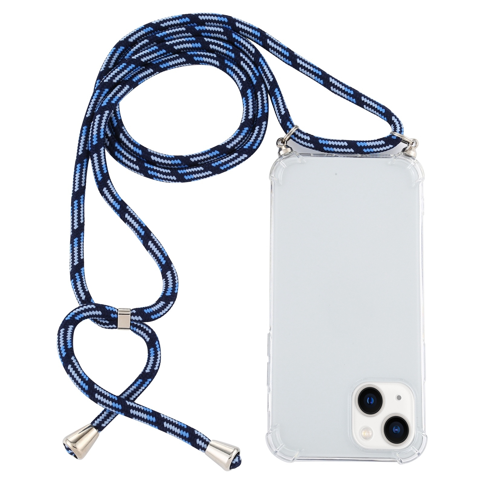 For iPhone 14 Plus Four-Corner Shockproof Transparent TPU Case with Lanyard (Blue White) - Shopkiz.com