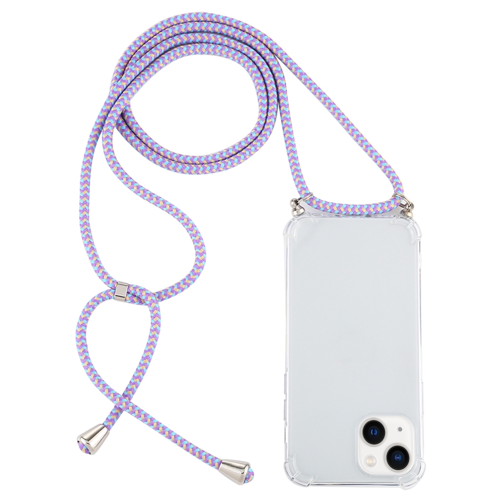 For iPhone 14 Plus Four-Corner Shockproof Transparent TPU Case with Lanyard (Purple Blue Yellow) - Shopkiz.com