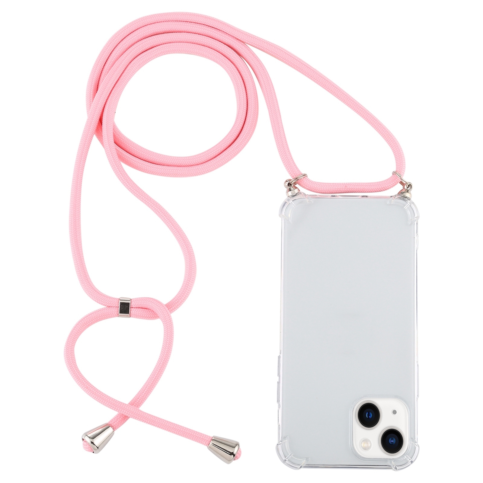 For iPhone 14 Plus Four-Corner Shockproof Transparent TPU Case with Lanyard (Light Pink) - Shopkiz.com