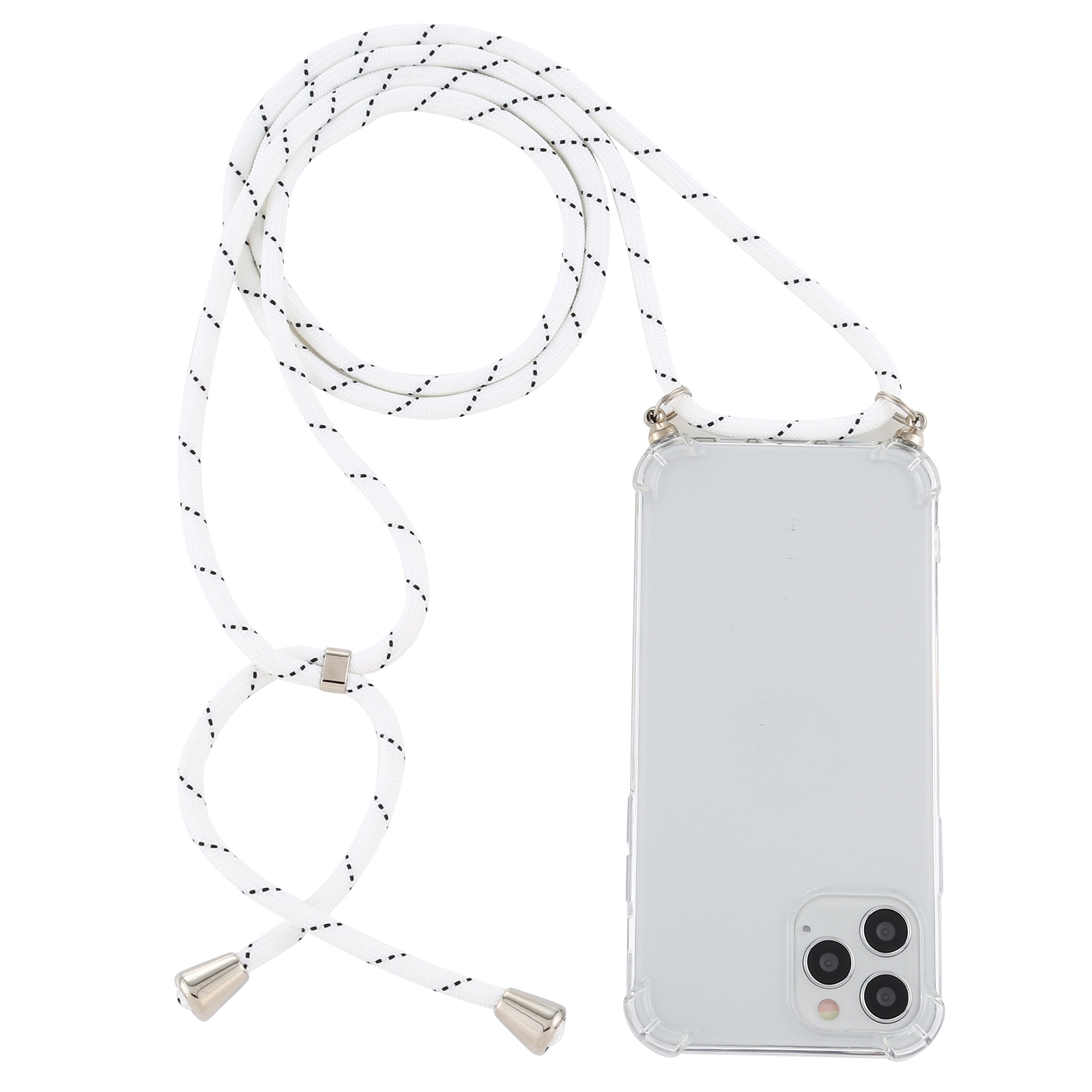 For iPhone 14 Pro Max Four-Corner Shockproof Transparent TPU Case with Lanyard (White Black) - Shopkiz.com