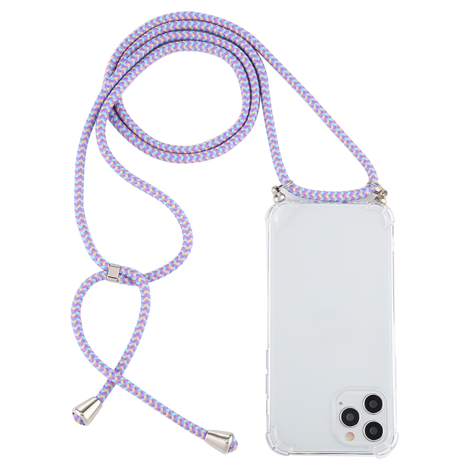For iPhone 14 Pro Max Four-Corner Shockproof Transparent TPU Case with Lanyard (Purple Blue Yellow) - Shopkiz.com