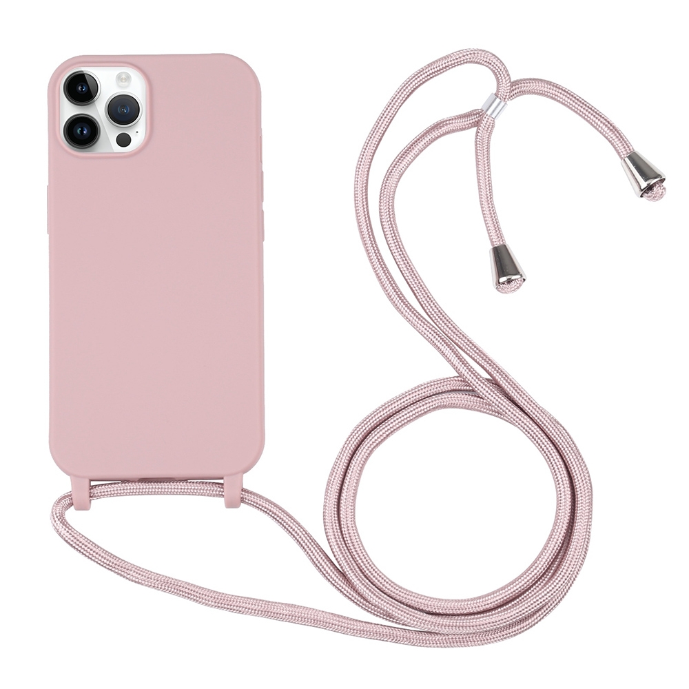 For iPhone 14 Pro Candy Colors TPU Protective Phone Case with Lanyard(Rose Gold) - Shopkiz.com