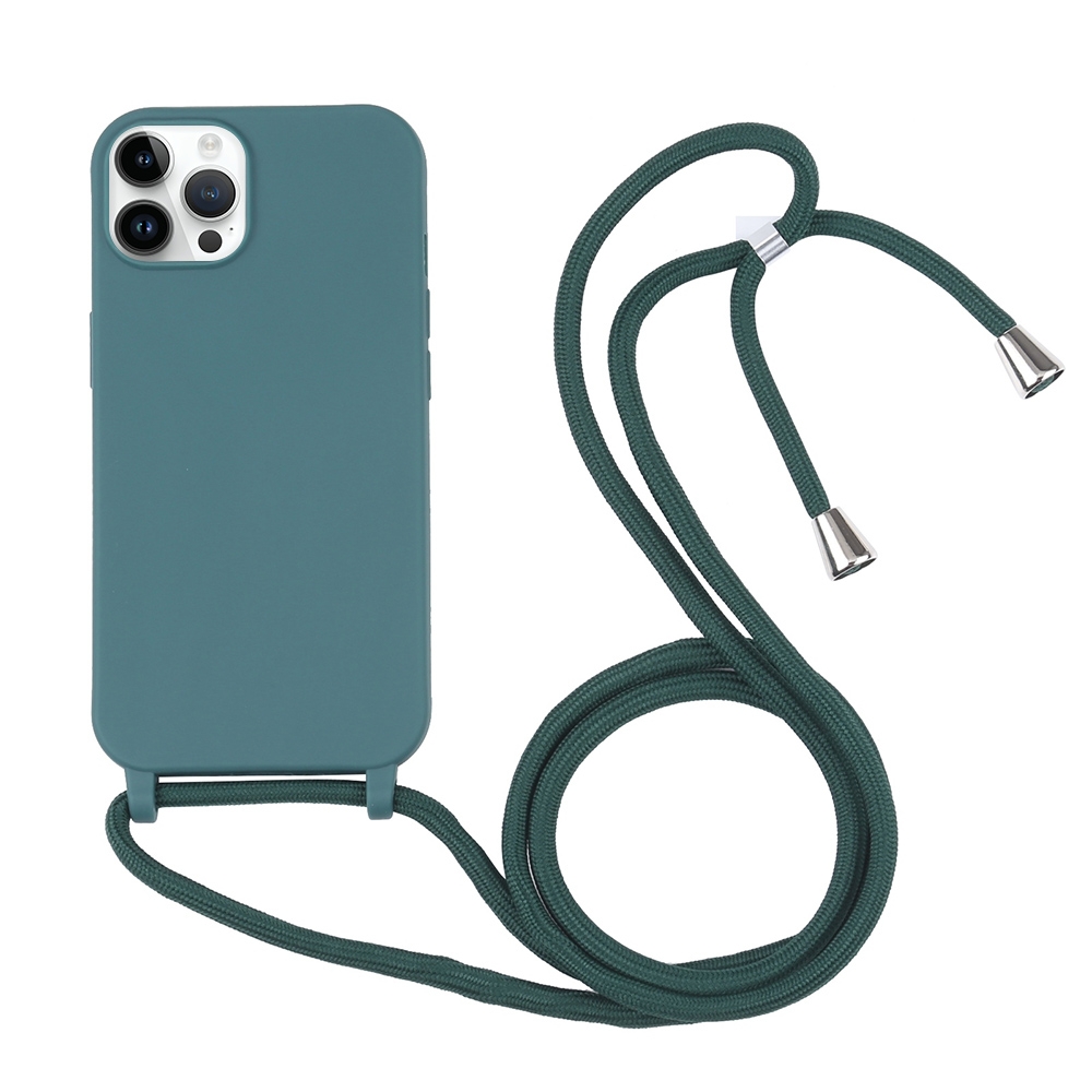 For iPhone 14 Pro Candy Colors TPU Protective Phone Case with Lanyard(Dark Green) - Shopkiz.com