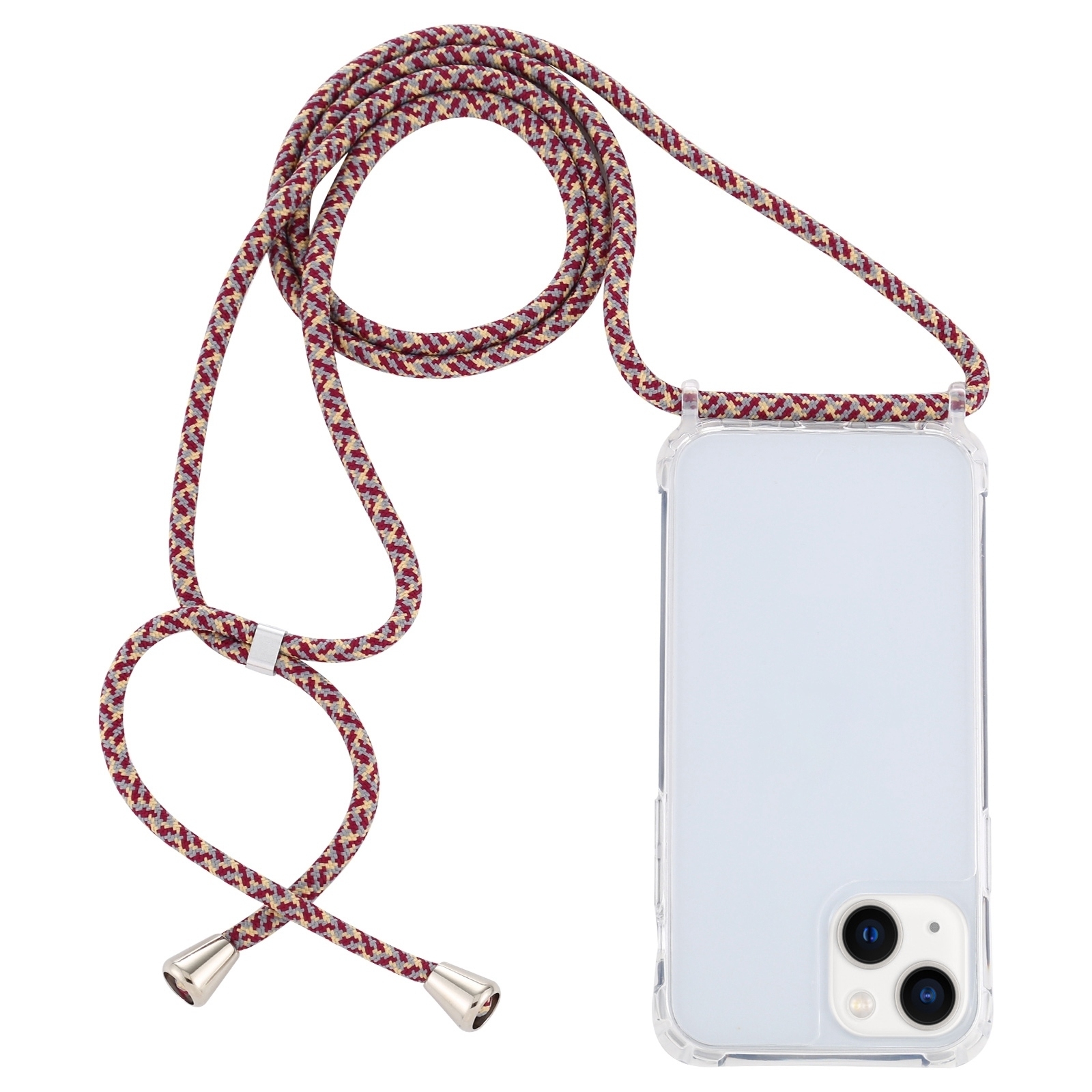 For iPhone 14 Transparent Acrylic Airbag Shockproof Phone Protective Case with Lanyard (Red Apricot Grey Fine Lines) - Shopkiz.com