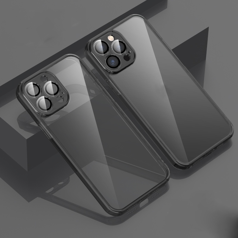 For iPhone 14 Pro Glossy PC Phone Case with Lens Film(Transparent Black) - Shopkiz.com